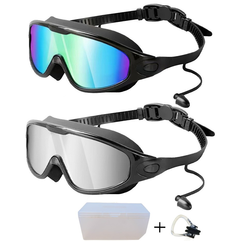 2 Pack-Adjustable-Wide-View Swim Goggles | Anti-Fog UV Lens |Earplugs & Nose Pad