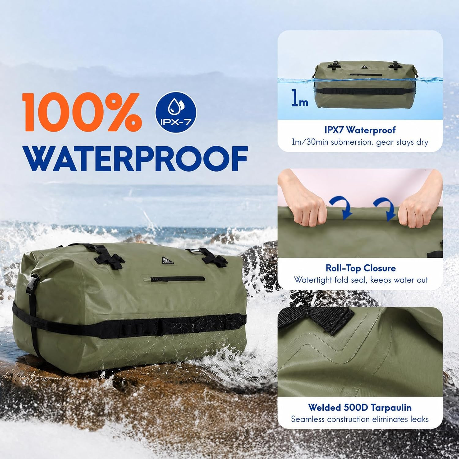 60L/90L Waterproof Dry Duffle Backpack for Boating, Kayaking & Travel
