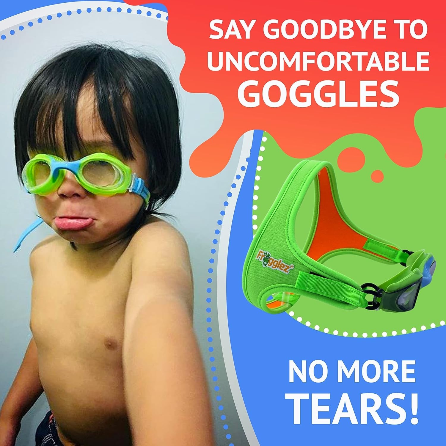 Frogglez Pain-Free Swim Goggles for Kids Under 10 Ages 3-10 No Hair Pulling