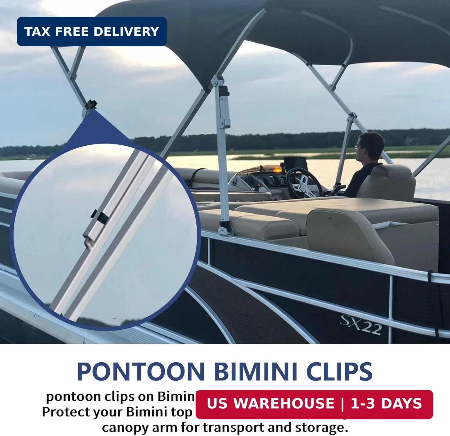 Bimini Top Pole Clips for 1-1/4 Inch Pontoon Support – 2 Pack Black