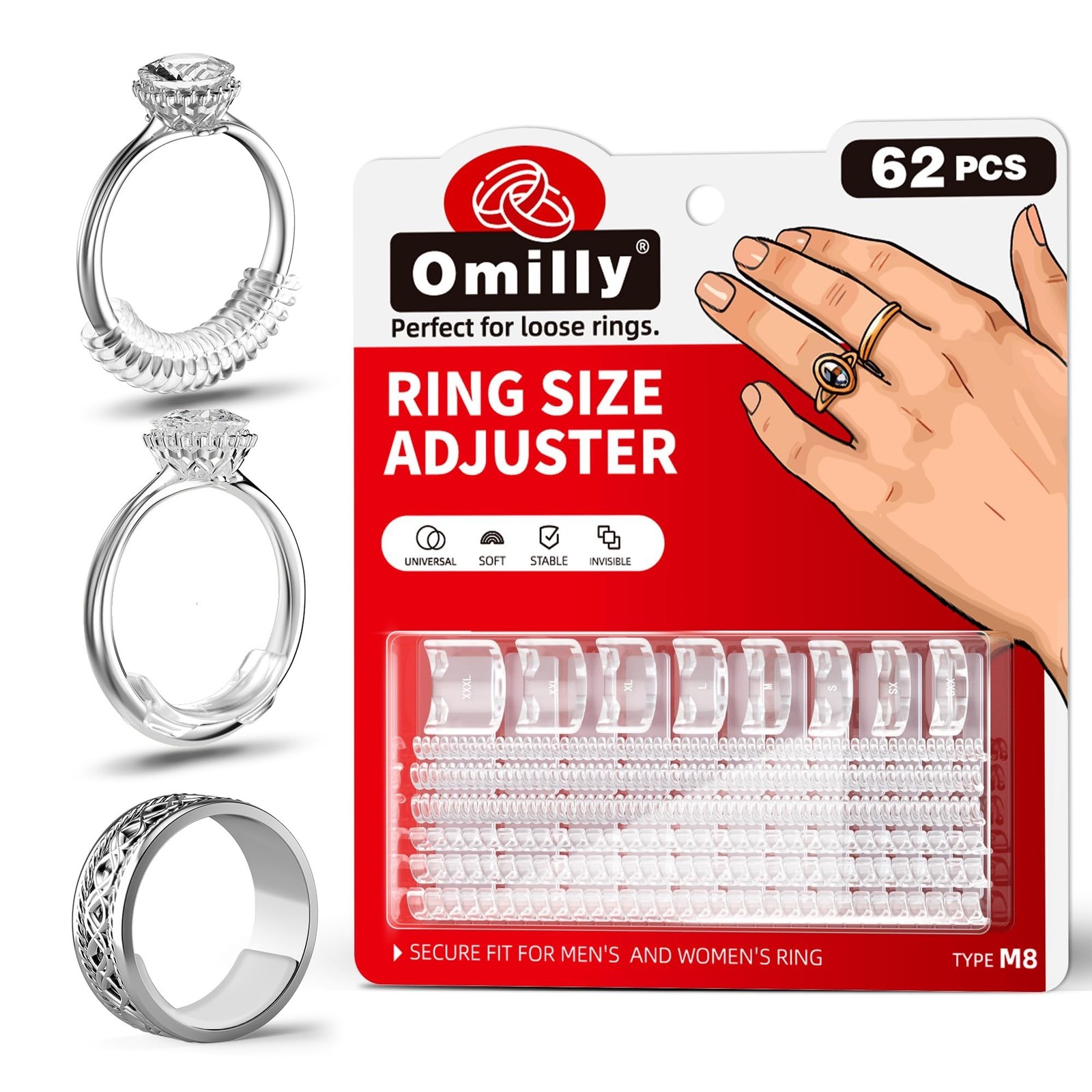 Omilly Ring Sizer Adjuster for Loose Rings – 62 Piece Set with 3 Styles (Ring…