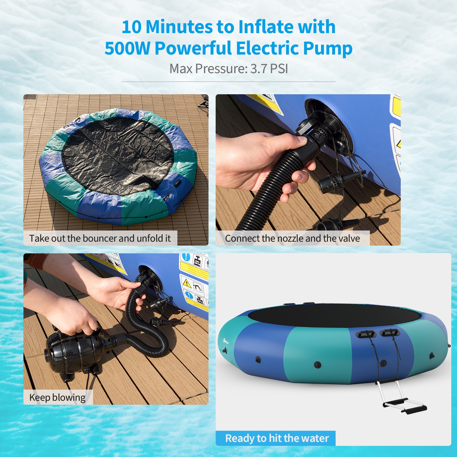 Goplus 15FT Inflatable Water Bouncer Splash Padded Water Trampoline Blue & Green