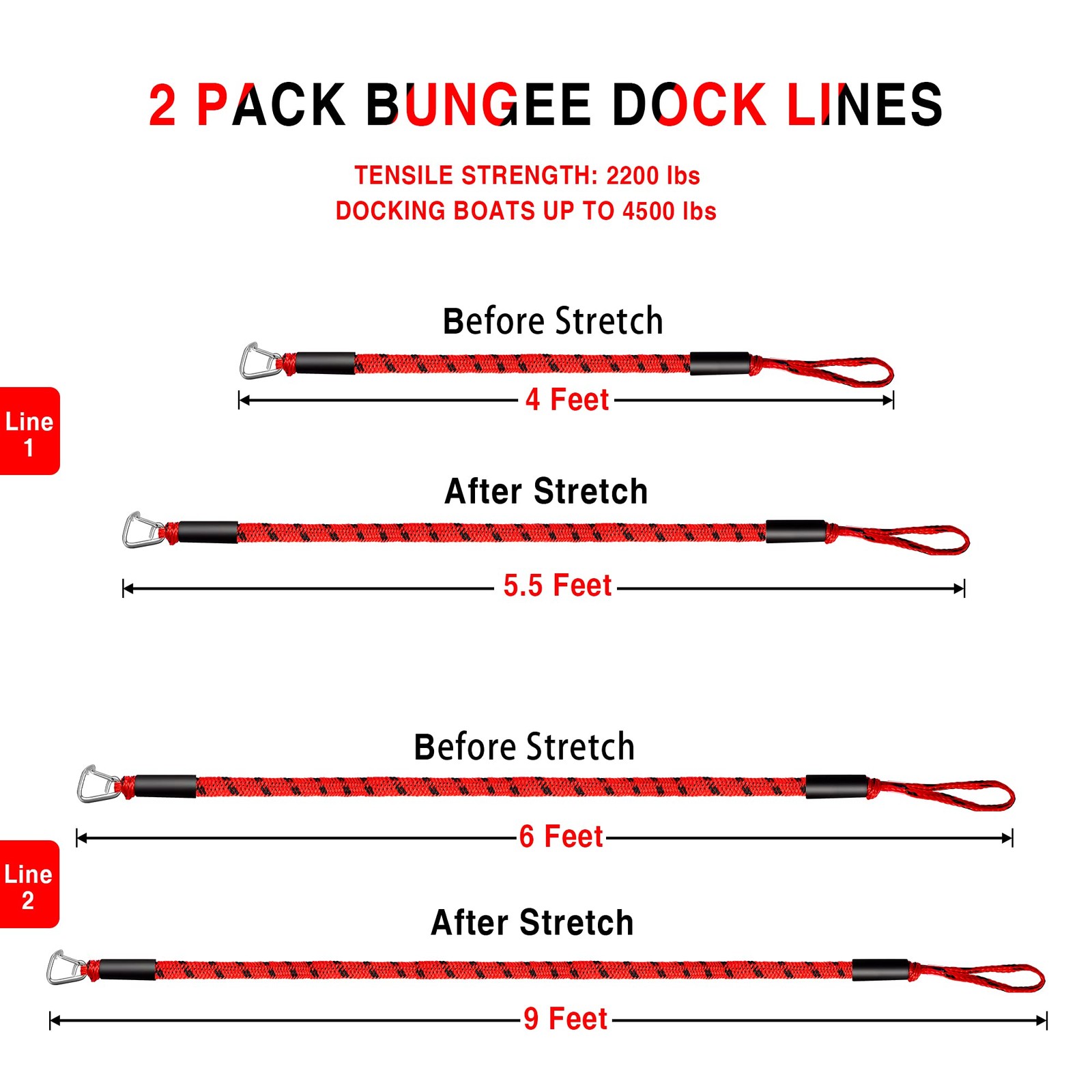 Bungee Dock Line Boat Accessories – Pontoon, Jet Ski, Kayak 4ft & 6ft, Red