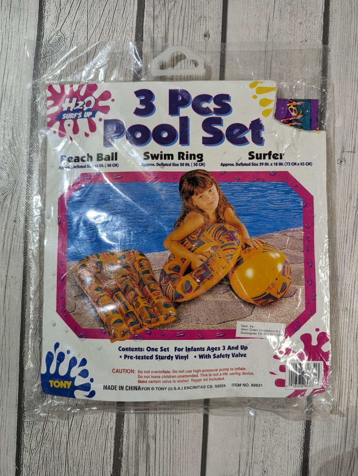 VTG Tony H2O Surf’s up 3 Piece Pool Set Beach Ball Swim Ring Surfer 90s Pattern