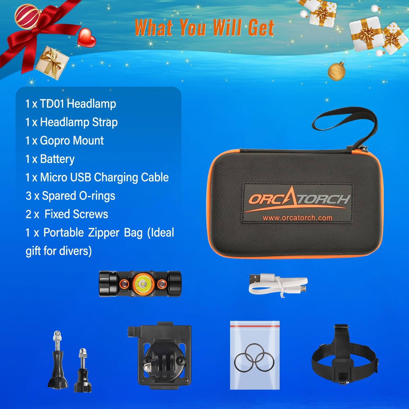 ORCATORCH TD01 Diving Headlamp 1200 Lumens Scuba Dive Light 5 Modes Dual-Colo…