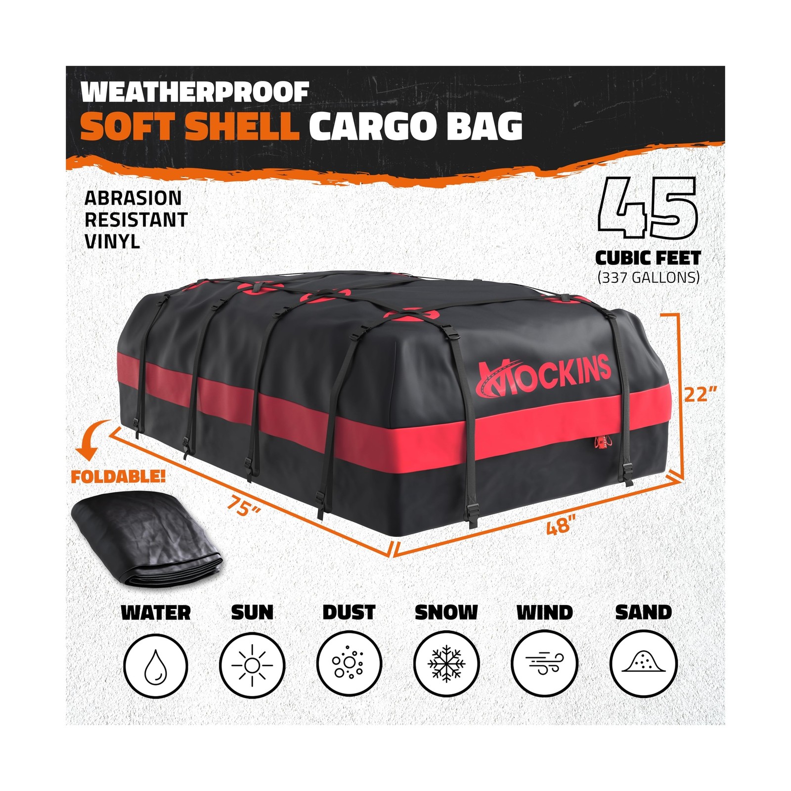 Mockins 45 Cu Ft XL Waterproof Rooftop Cargo Bag 75″x48″x22″ | Car Roof Cargo…