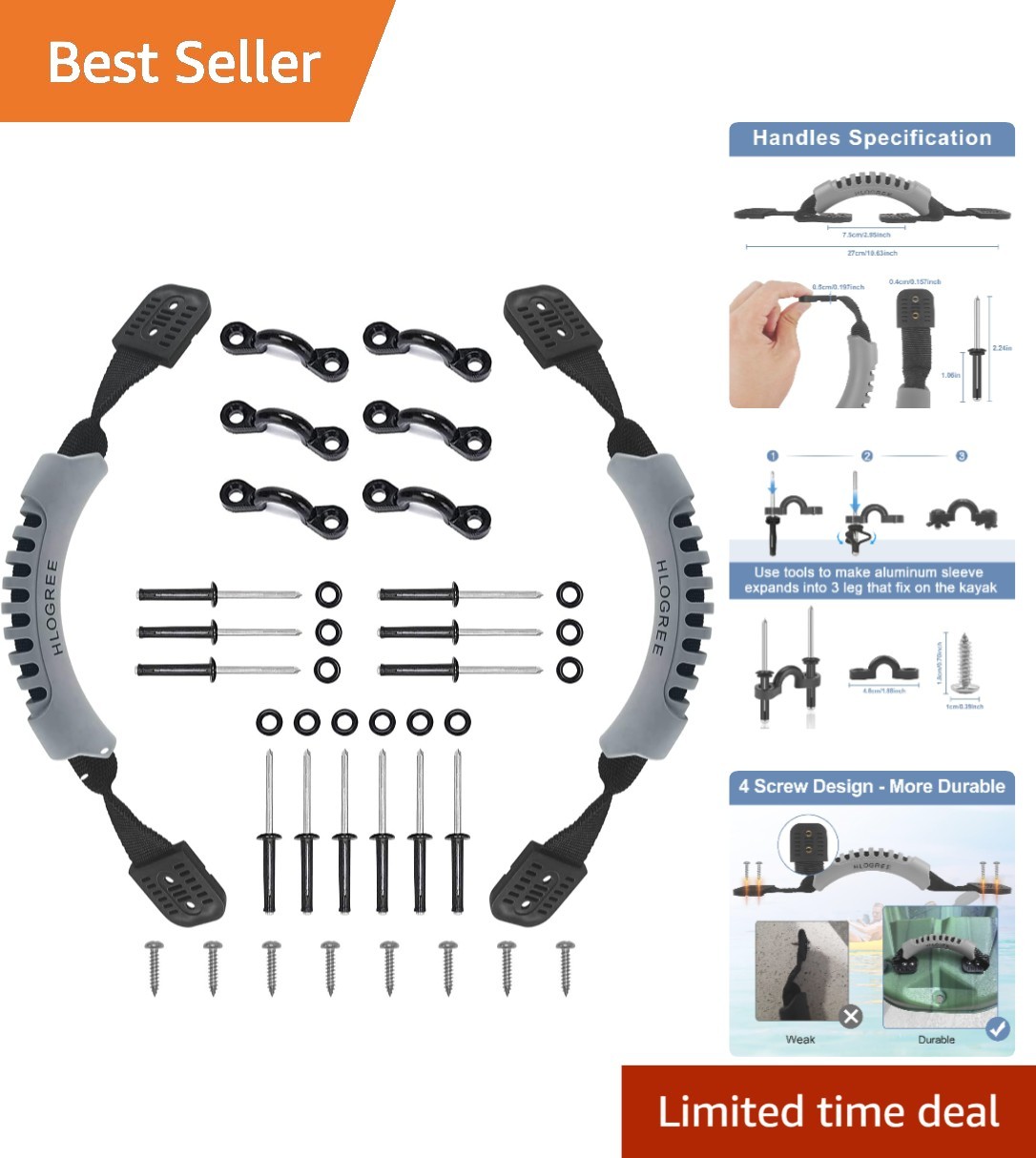 Modern Kayak Carry Handles with Rivets – 2/4 Pack Includes Installation Parts
