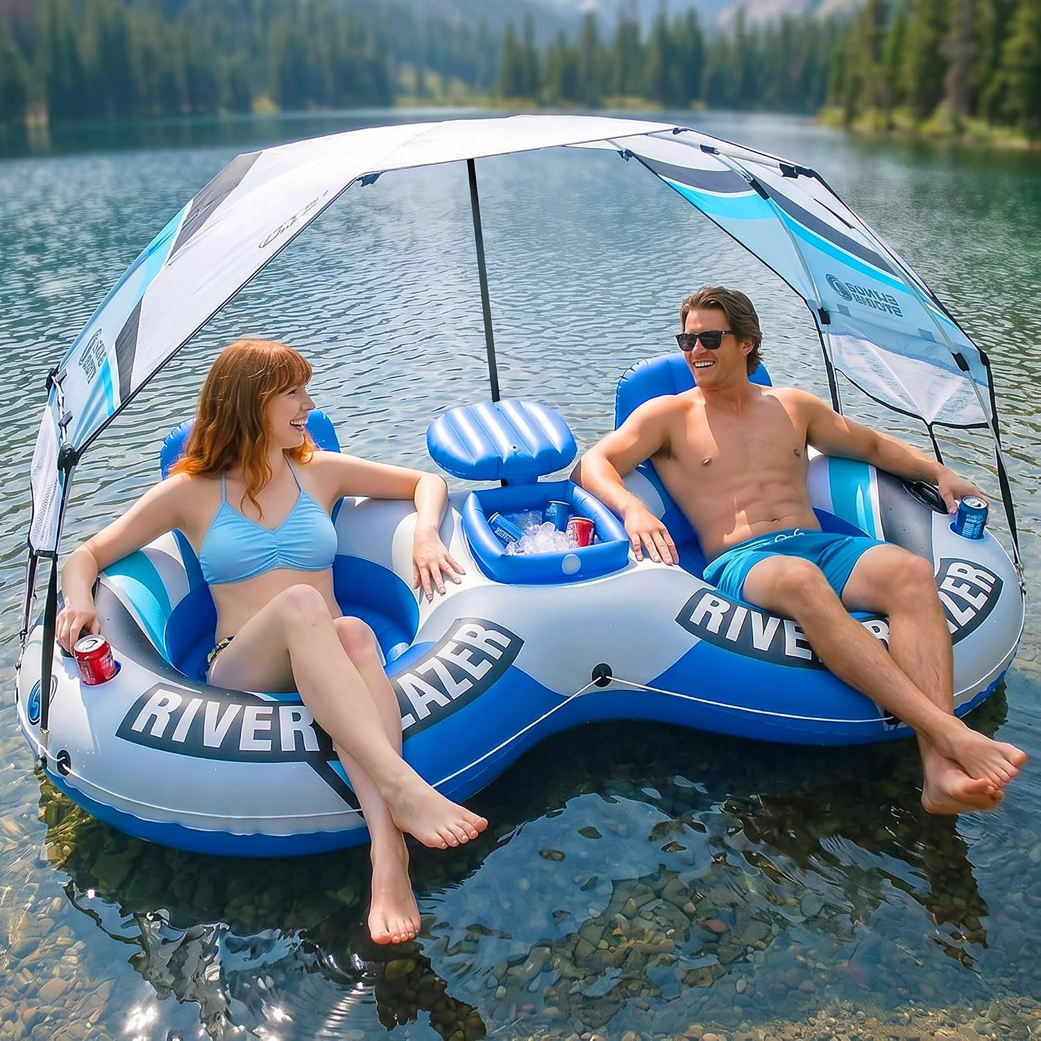 River Tube with Canopy for 1 or 2 Person – Heavy Duty Inflatable Water Float wit