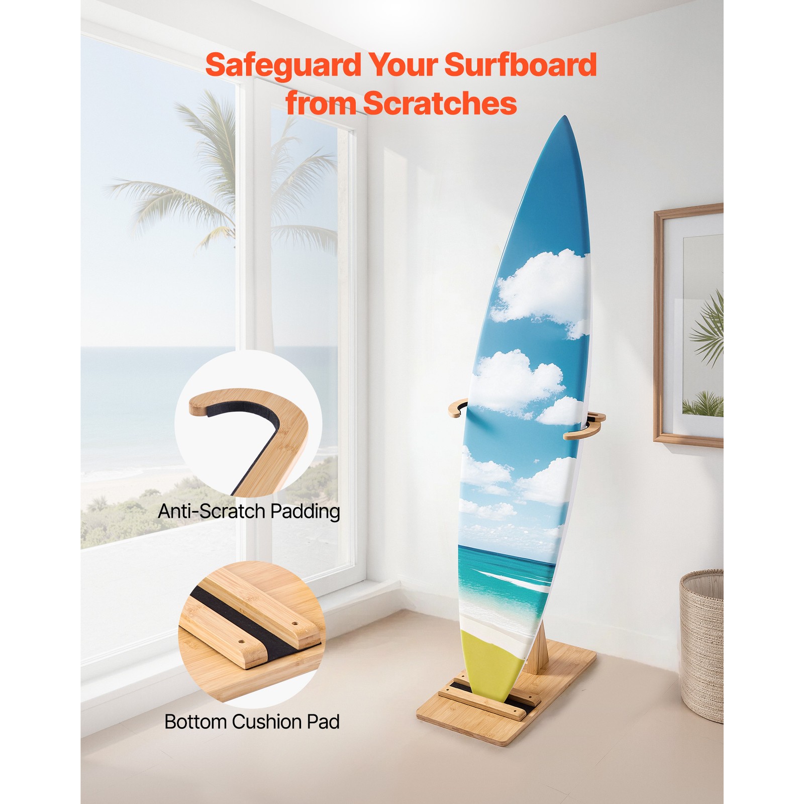Uimoso Adjustable Wooden Surfboard Rack for Vertical Storage and Display