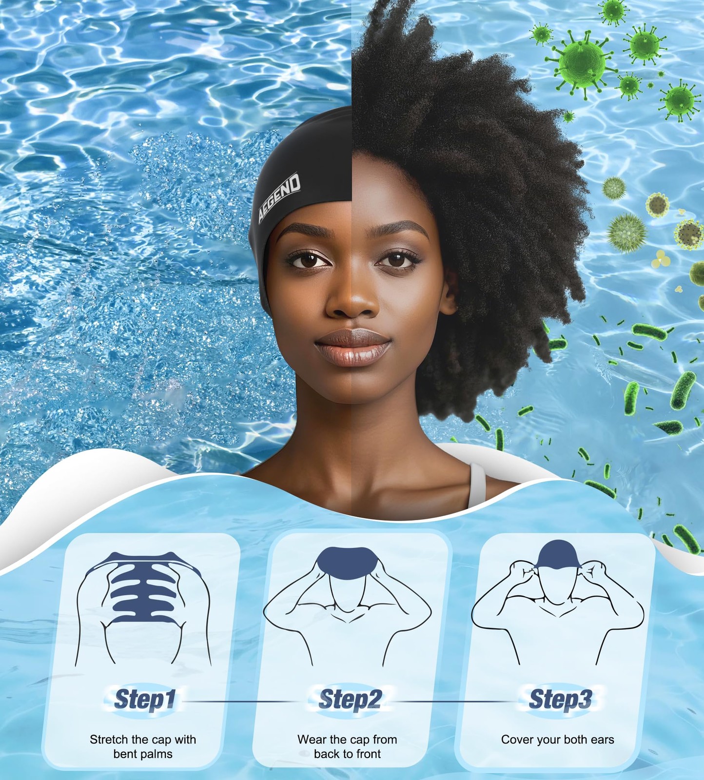 Aegend Swim Caps for Long Hair, Durable Silicone One Size, 1 Pack – Black