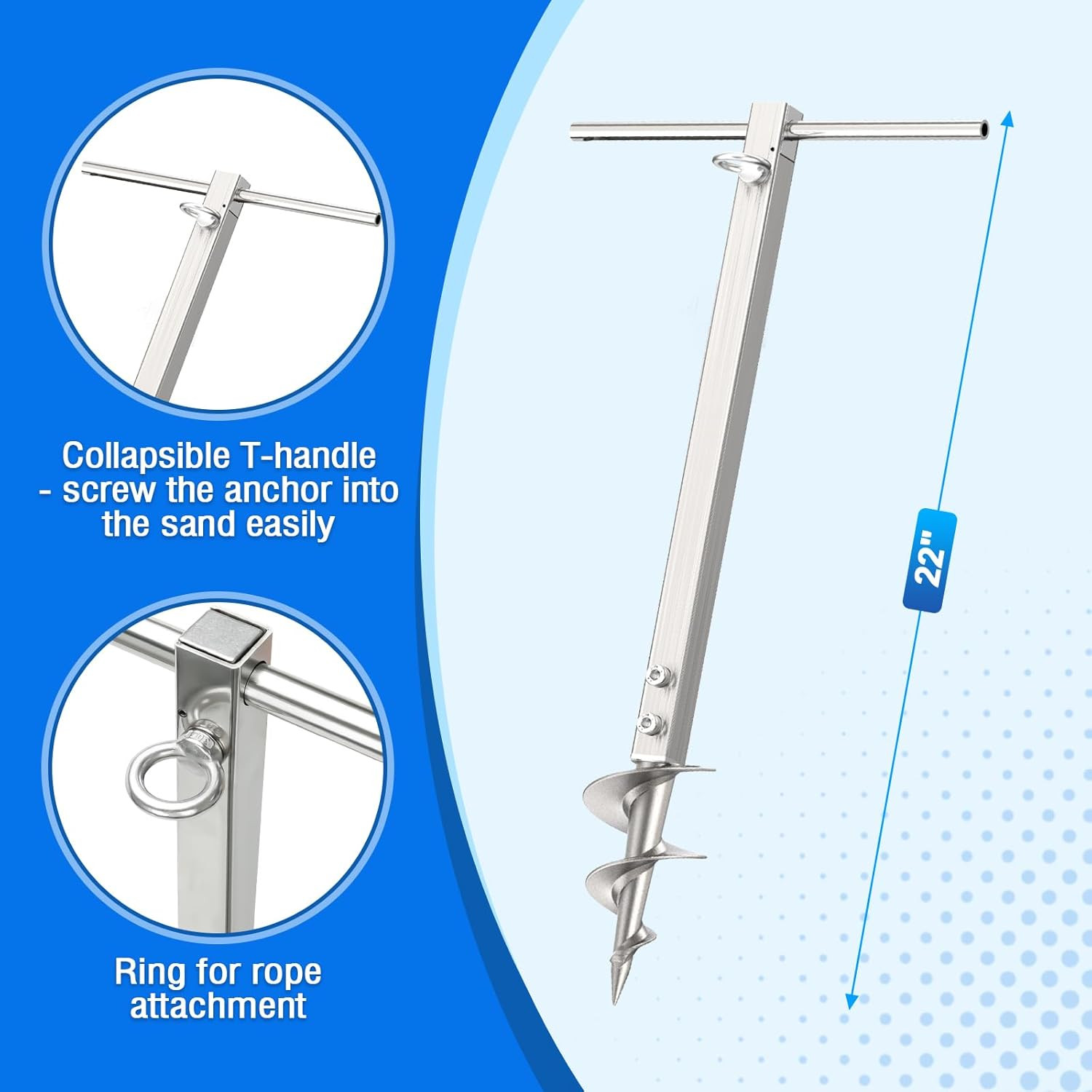 Heavy Duty 22″ Screw-In Sand Anchor Pole for Boats, Jet Skis, and Kayaks