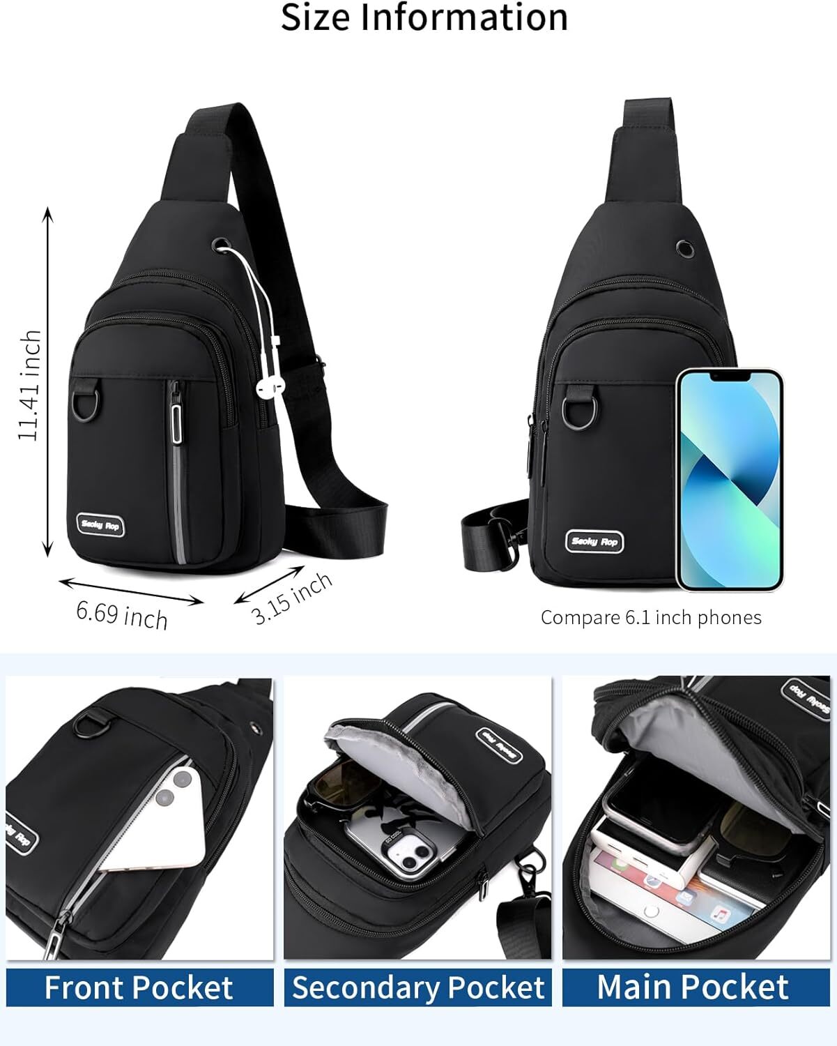 Seoky Rop Sling Bag for Women Men One Shoulder Crossbody Small, Black