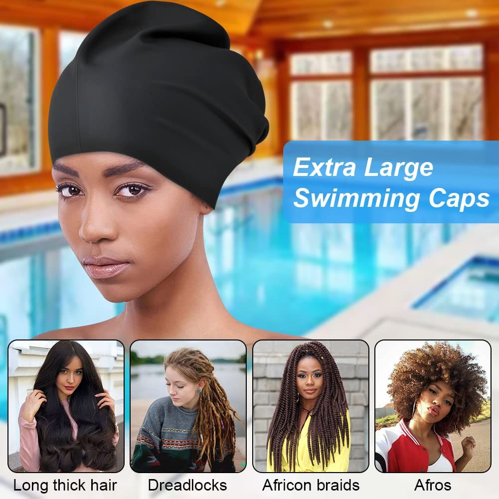 AMFUN Swimming Cap for Long Hair, Extra Large Caps 1 pack, black