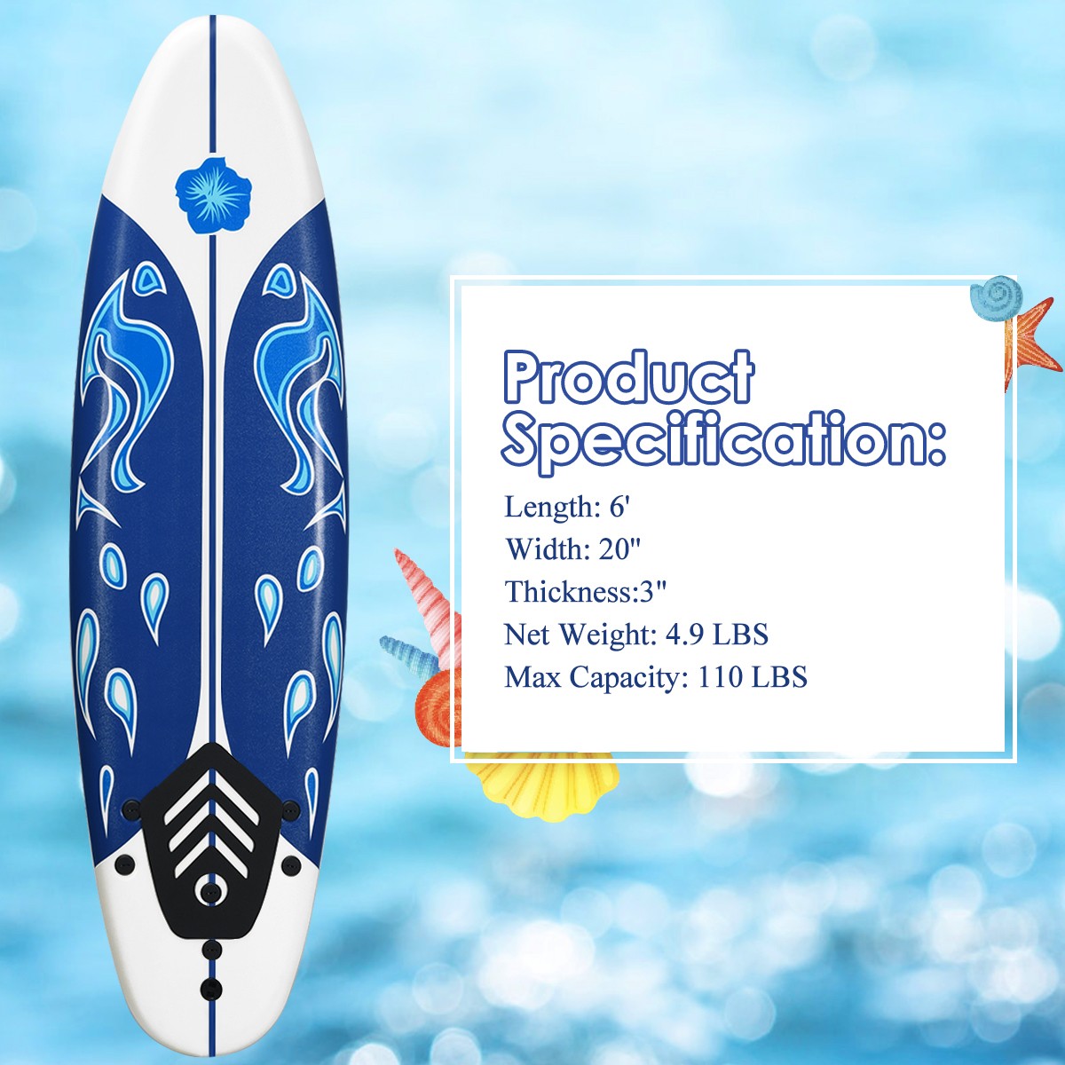 6ft Surfboard Stand Up Surfing Paddle Board SUP Ocean Beach Kid Adult White