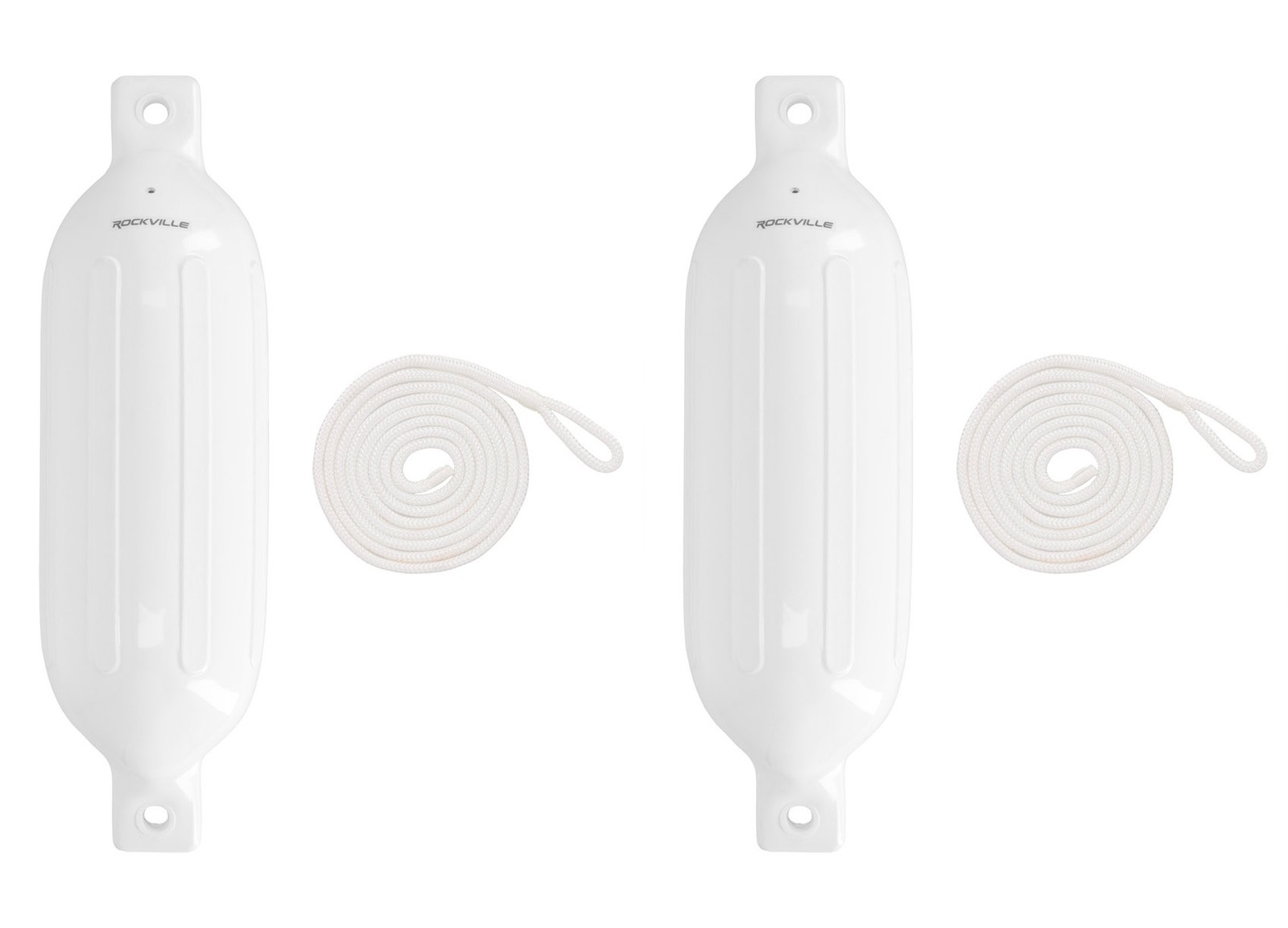 (2) Rockville FEN165-WHITE 6.5″x23″ Boat Fenders + 10 Foot Line Marine Bumpers
