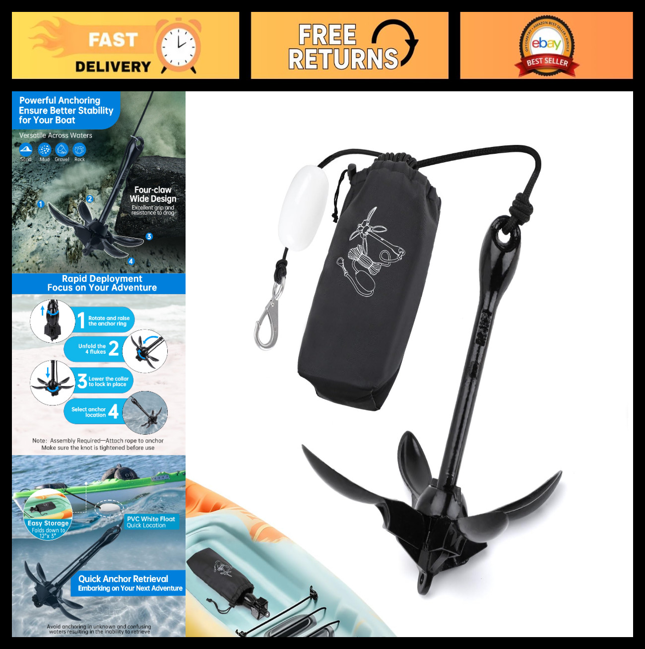 3.5 lb Kayak Anchor Kit with 40 ft Marine Rope for Canoes, SUP & Fishing