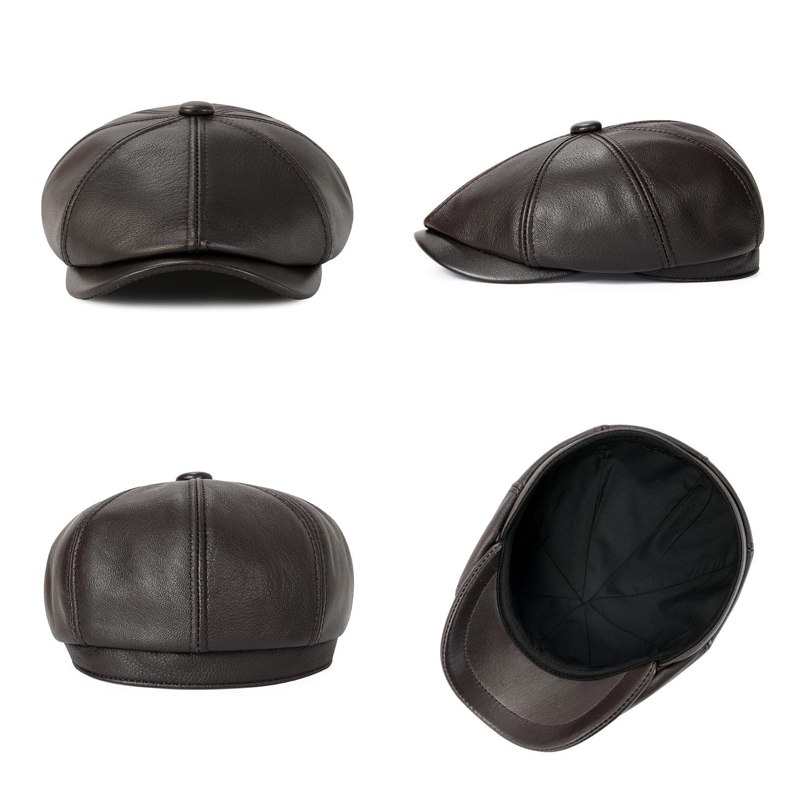 VOBOOM Men Women Genuine Newsboy Leather Cap 8 Panel Gatsby Ivy Hat Dark Brown