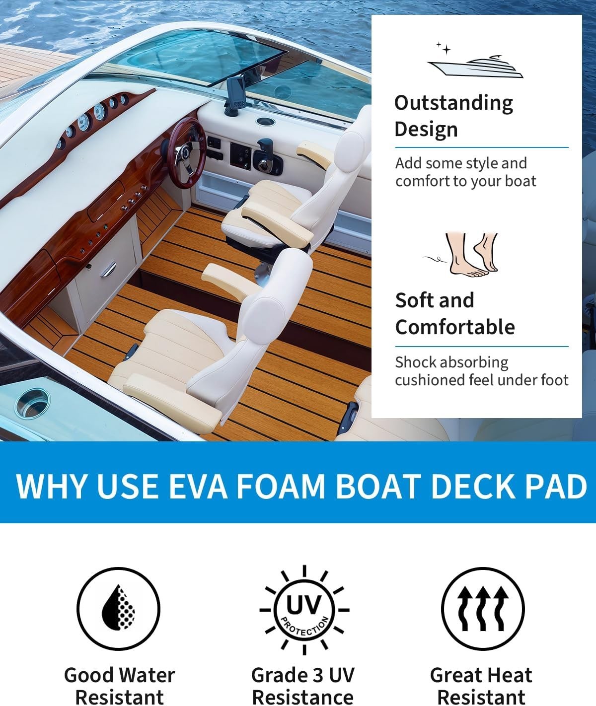 Boat Flooring EVA Foam Self-Adhesive 96”x45.6”/36”/28.8”/16.8” Faux Teak Ma