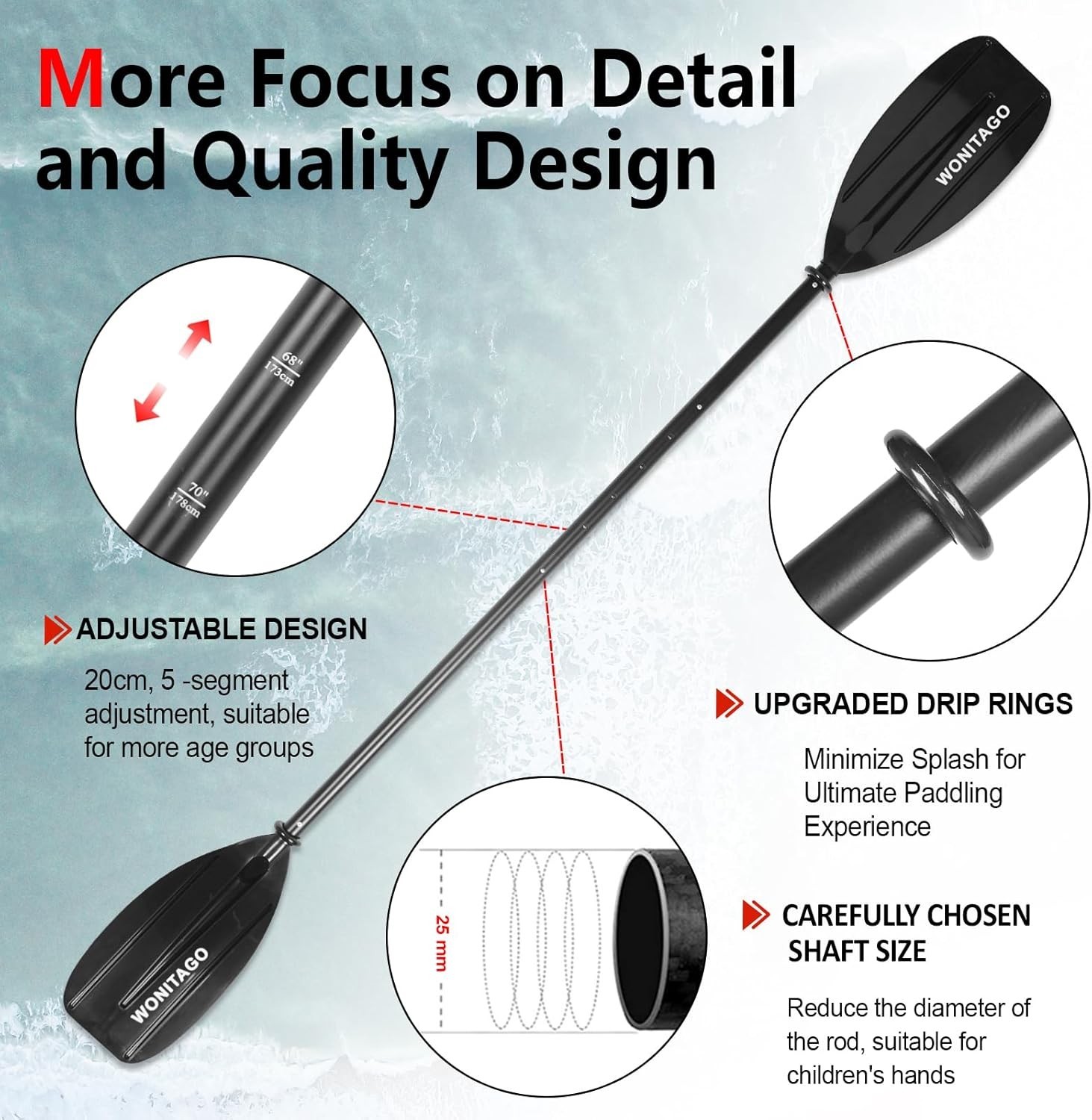 Kids Kayak Paddles Aluminum Shaft PP Blade Adjustable 64-72 in