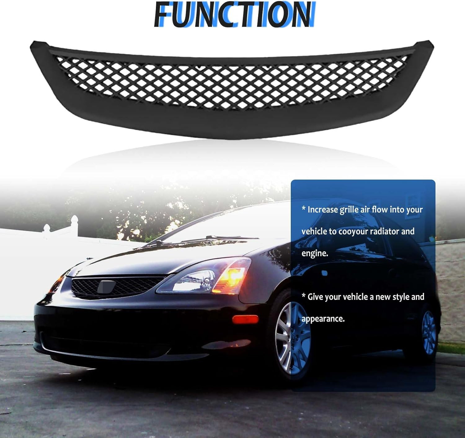 Front Bumper Upper Grill Grille For Honda Civic 2001 2002 2003 Replacement Black