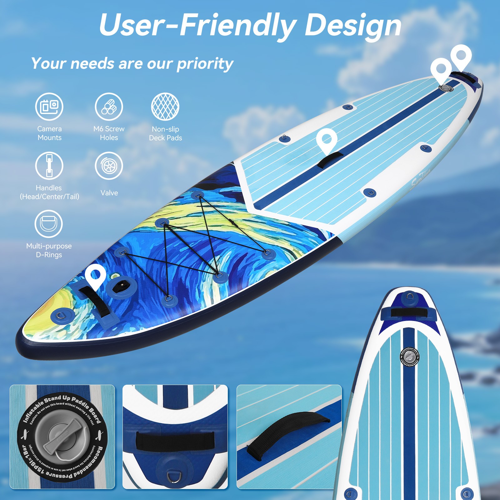 11FT Inflatable SUP Surfboard 33″ Wide 330LBS Kayak Seat 3-Fin Complete System