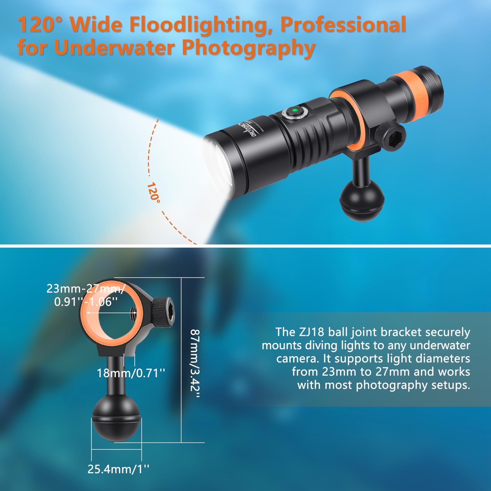 ORCATORCH D530V 1200 Lumen Scuba Diving Video Light 140 Degrees Super Wide Be…