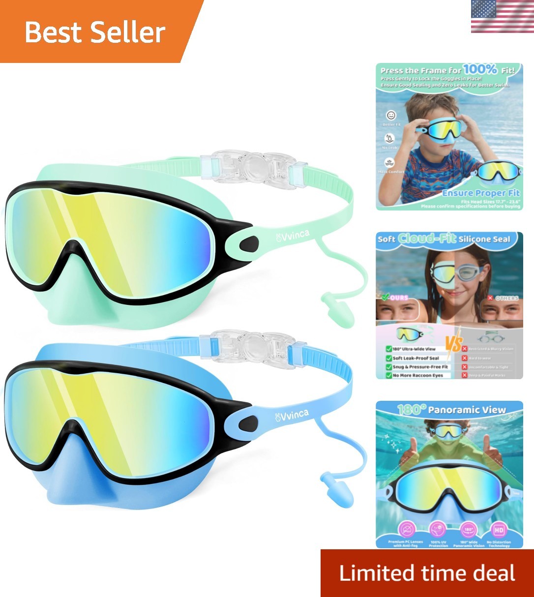 Kids Swim Goggles with Nose Cover & Attached Earplugs, Anti-Fog Wide View Swi…