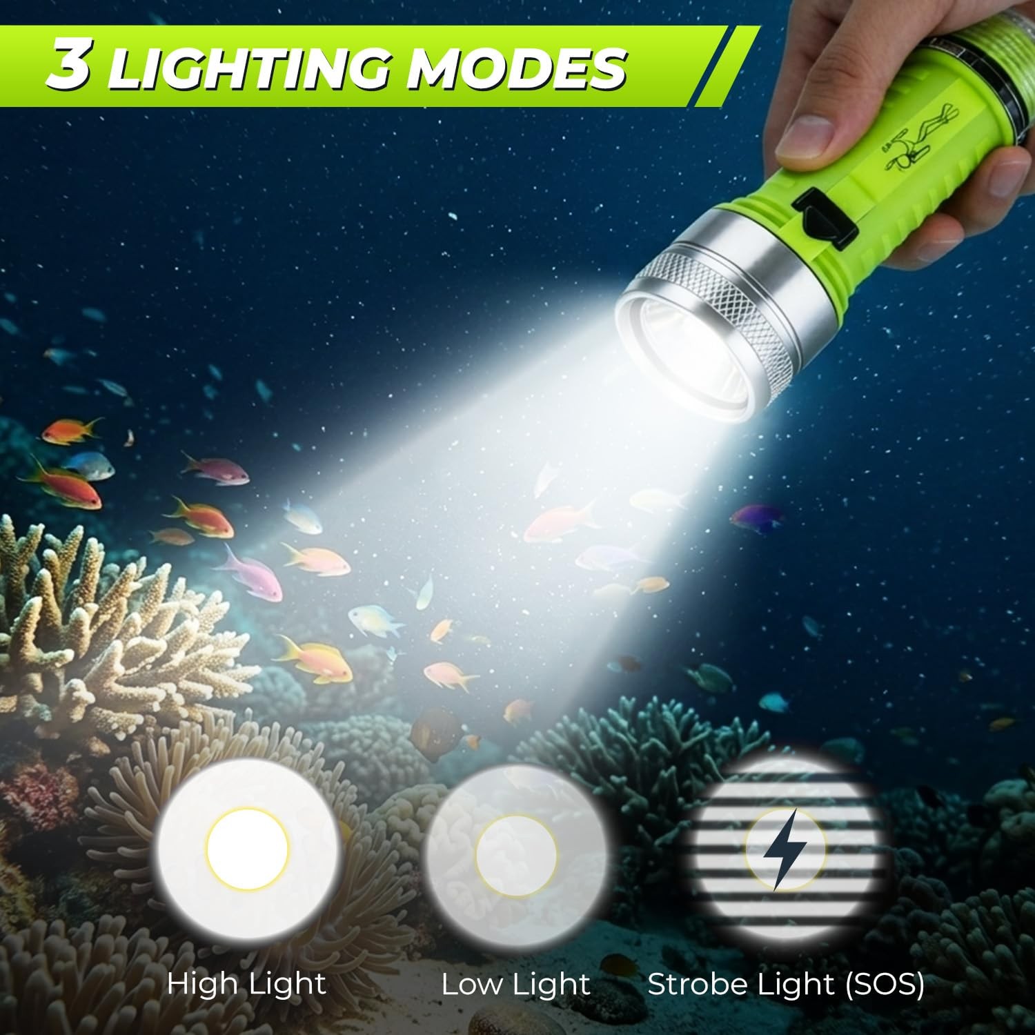 Diving Flashlight 1500 Lumen LED, Waterproof Rechargeable Torch for Night Diving