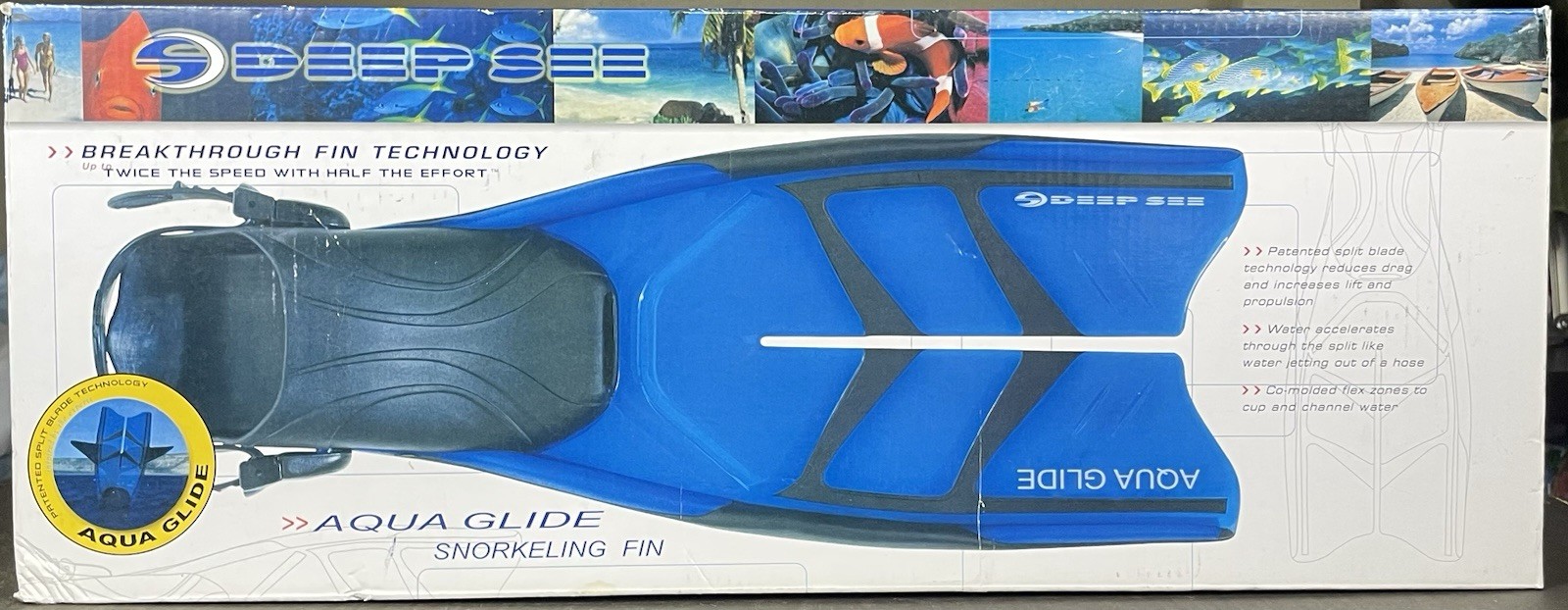 Deep See Aqua Glide Split Fins S/M 5-8.5 Black Snorkeling Fins
