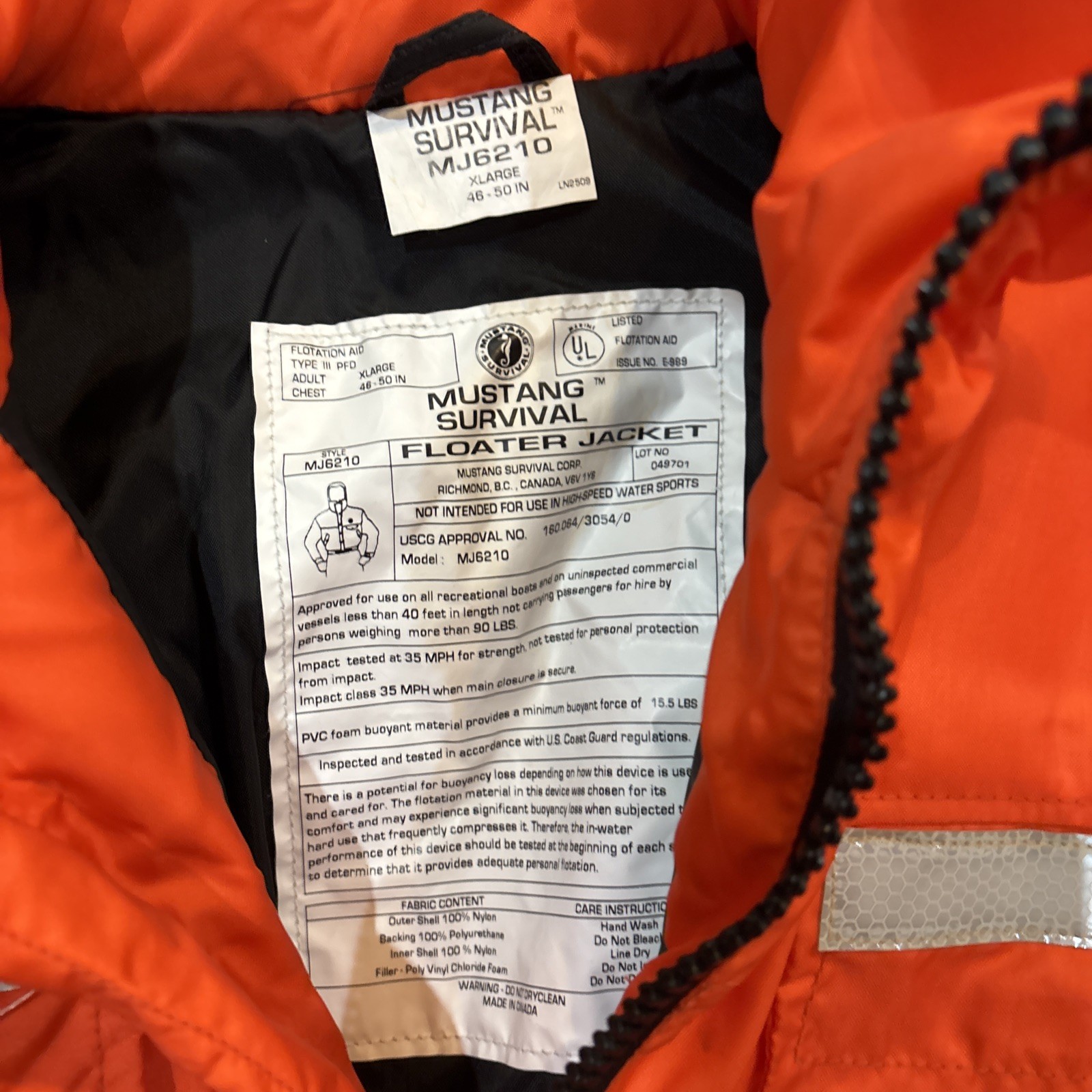 Mustang Survival High-Viz Flotation Bomber Jacket Orange Size XL 46-50