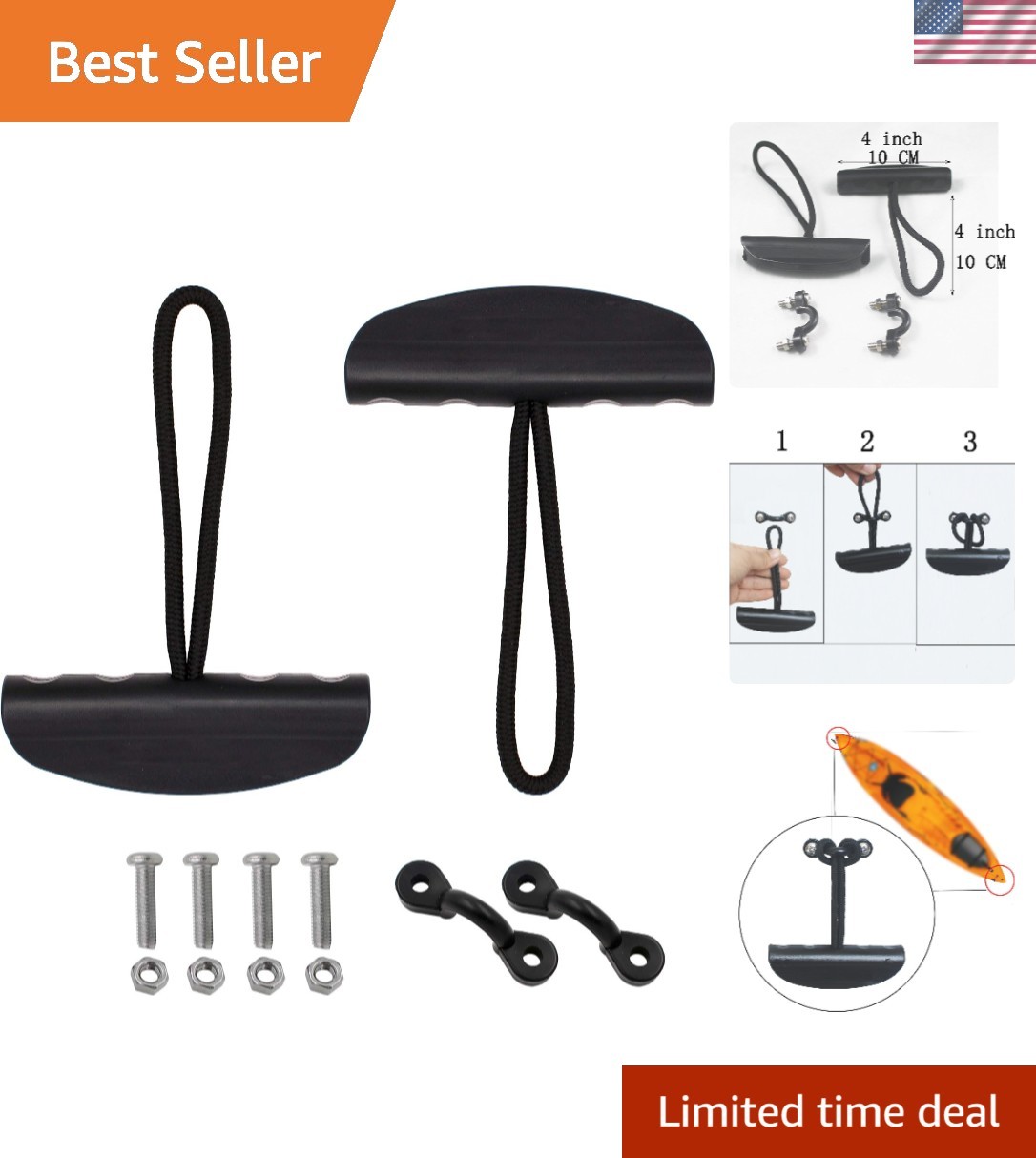 Durable Kayak Carry Handle Kit – 2 Rust-Resistant T-Handels with Cord & Pads