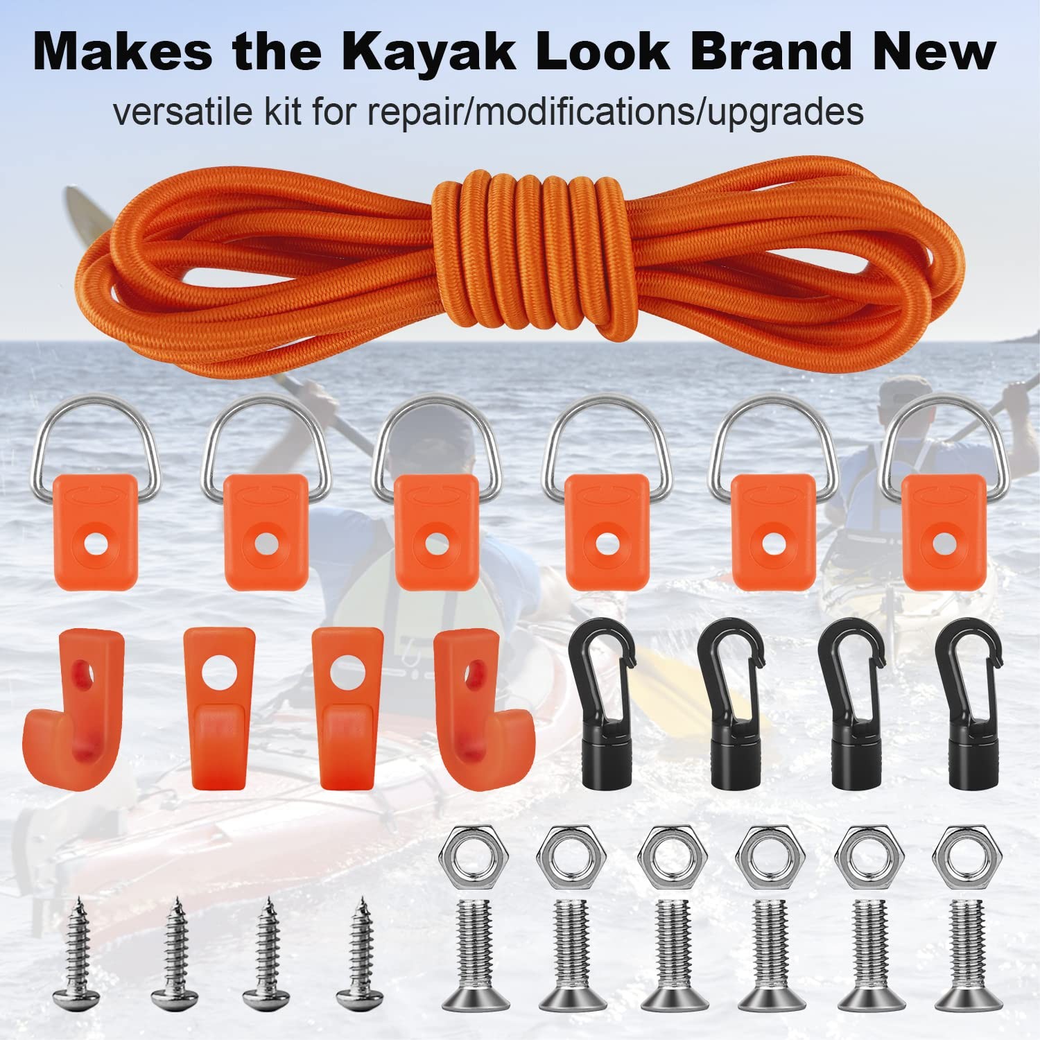 Kayak Deck Rigging Kit 1/4 Inch 9.8 Ft Bungee Cord D Rings Hooks Orange