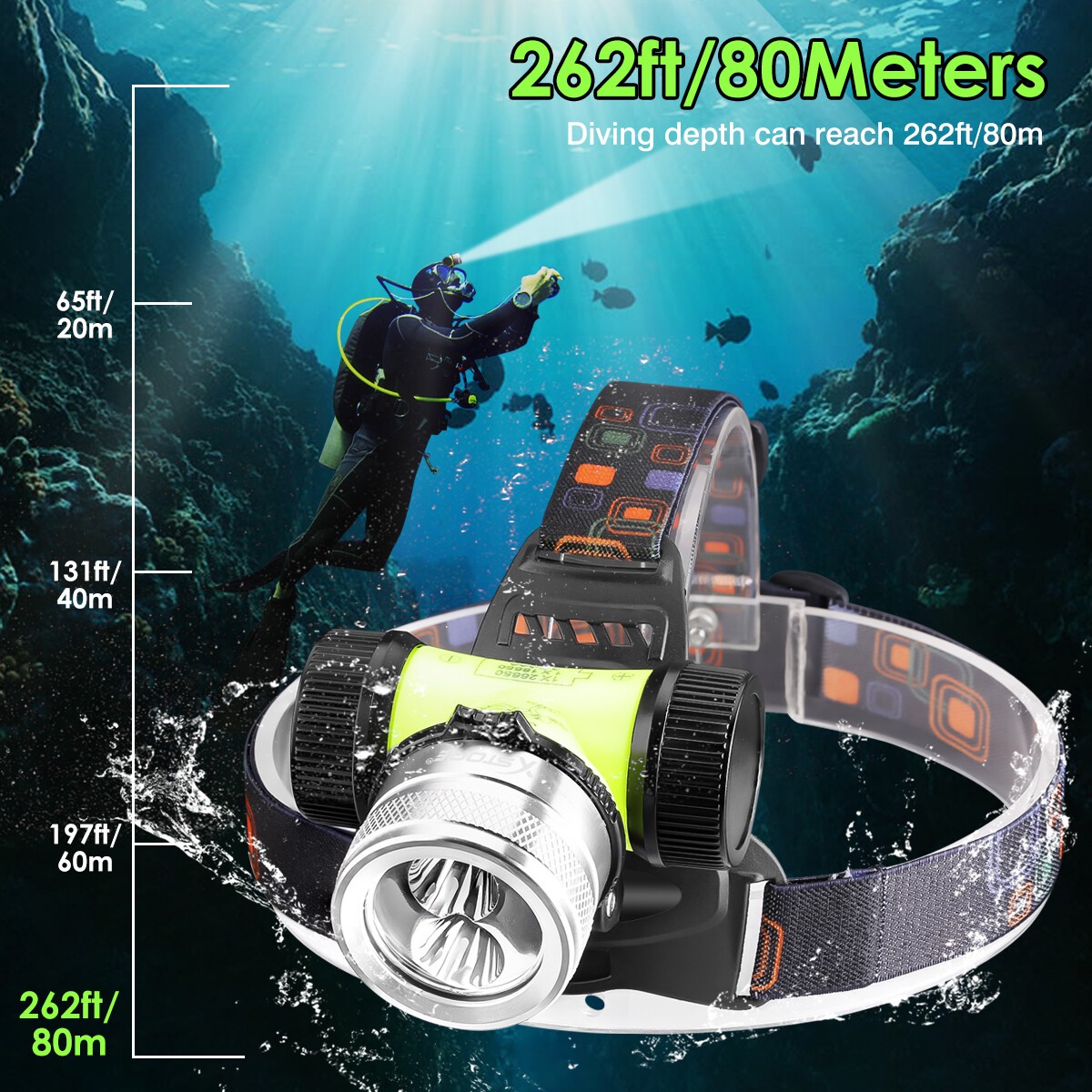 Scuba Diving LED Headlamp Underwater 262ft Waterproof Headlight Head Dive Torch