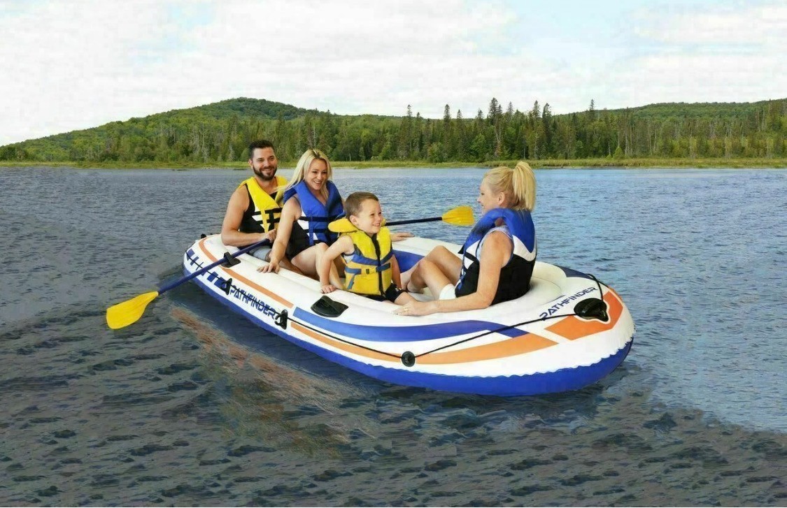 Pathfinder 4 Person Inflatable Raft Boat Pump 2 Oars Kayak River Rafting Beach