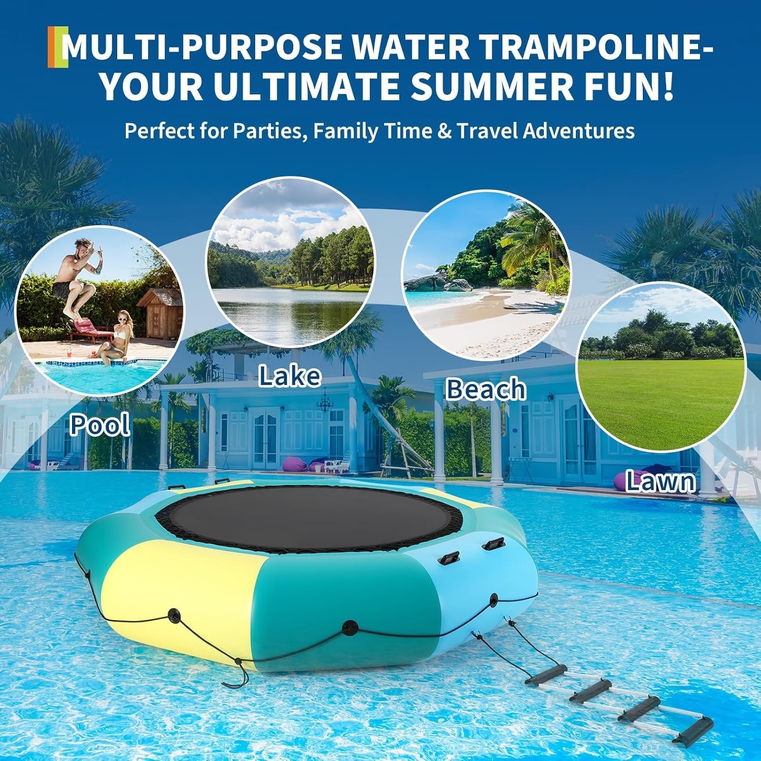 10FT Inflatable Water Trampoline 408LBS Floating Bounce with Pump and Ladder Kit