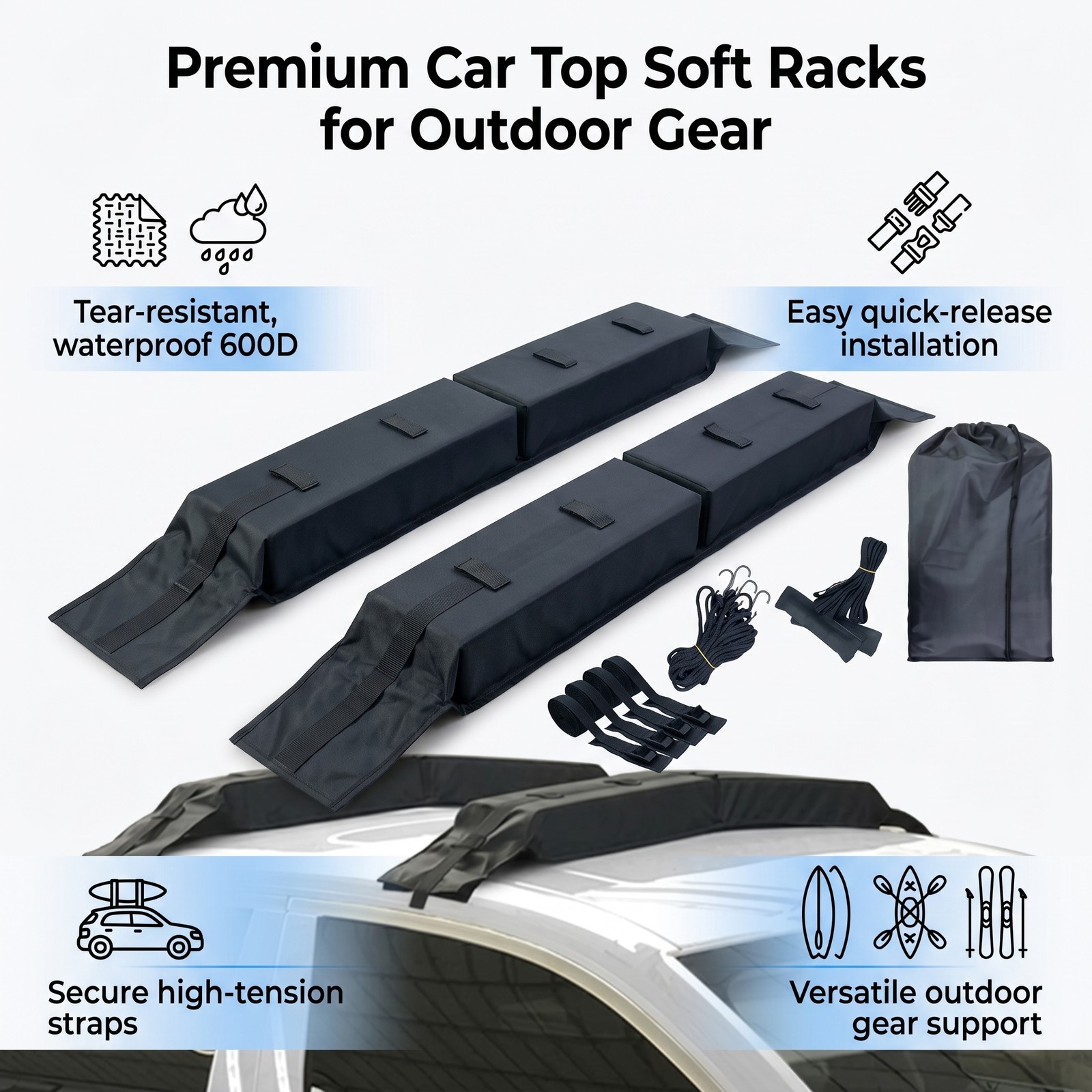 Car Roof Soft Rack Anti Slip Pads with Tie Down Straps for SUP Surfboard Kayak O