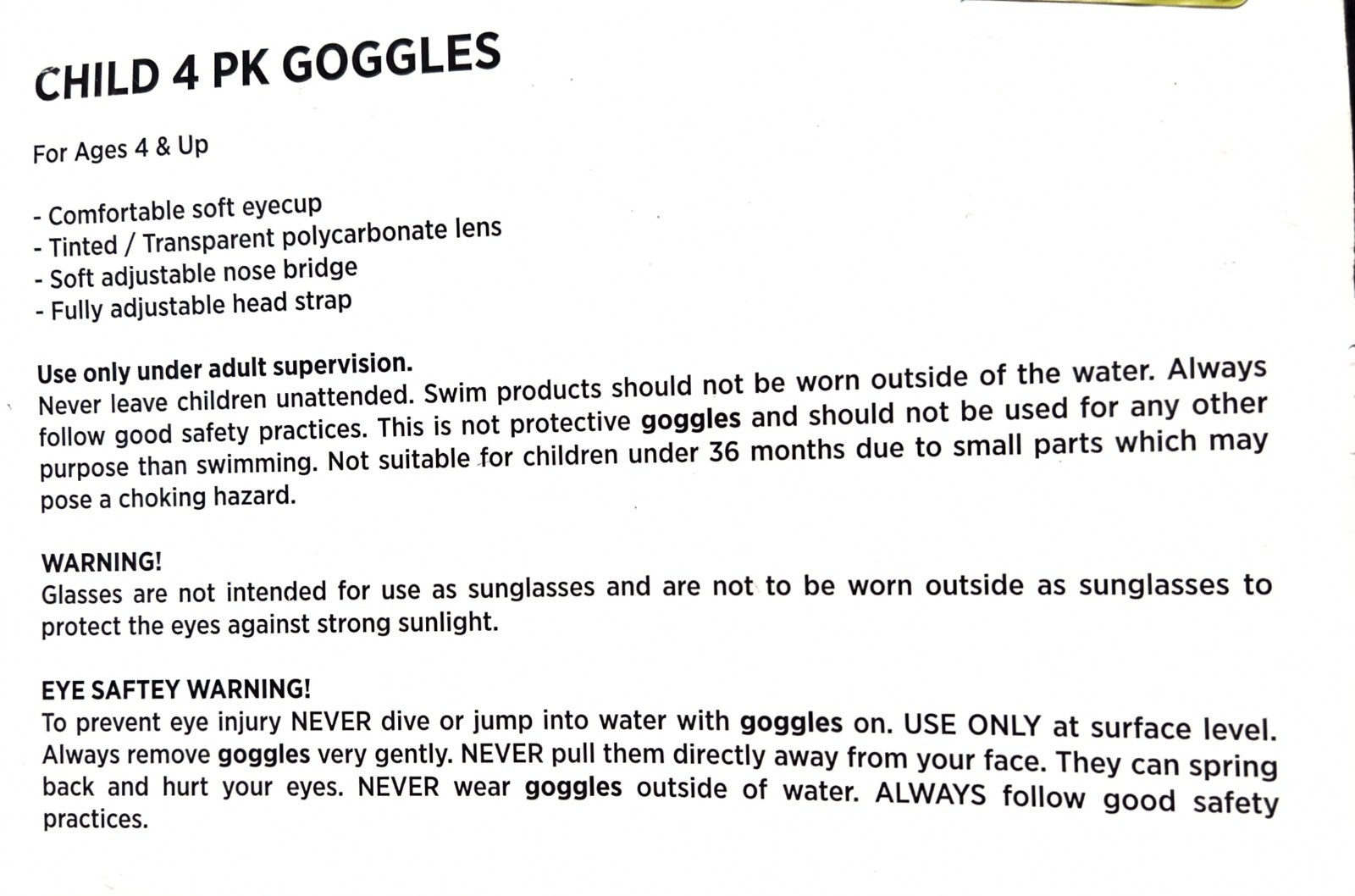 Swim Goggles (2)4 Pack Multicolored Child Googles Orange Blue Green Pink Ages 4+