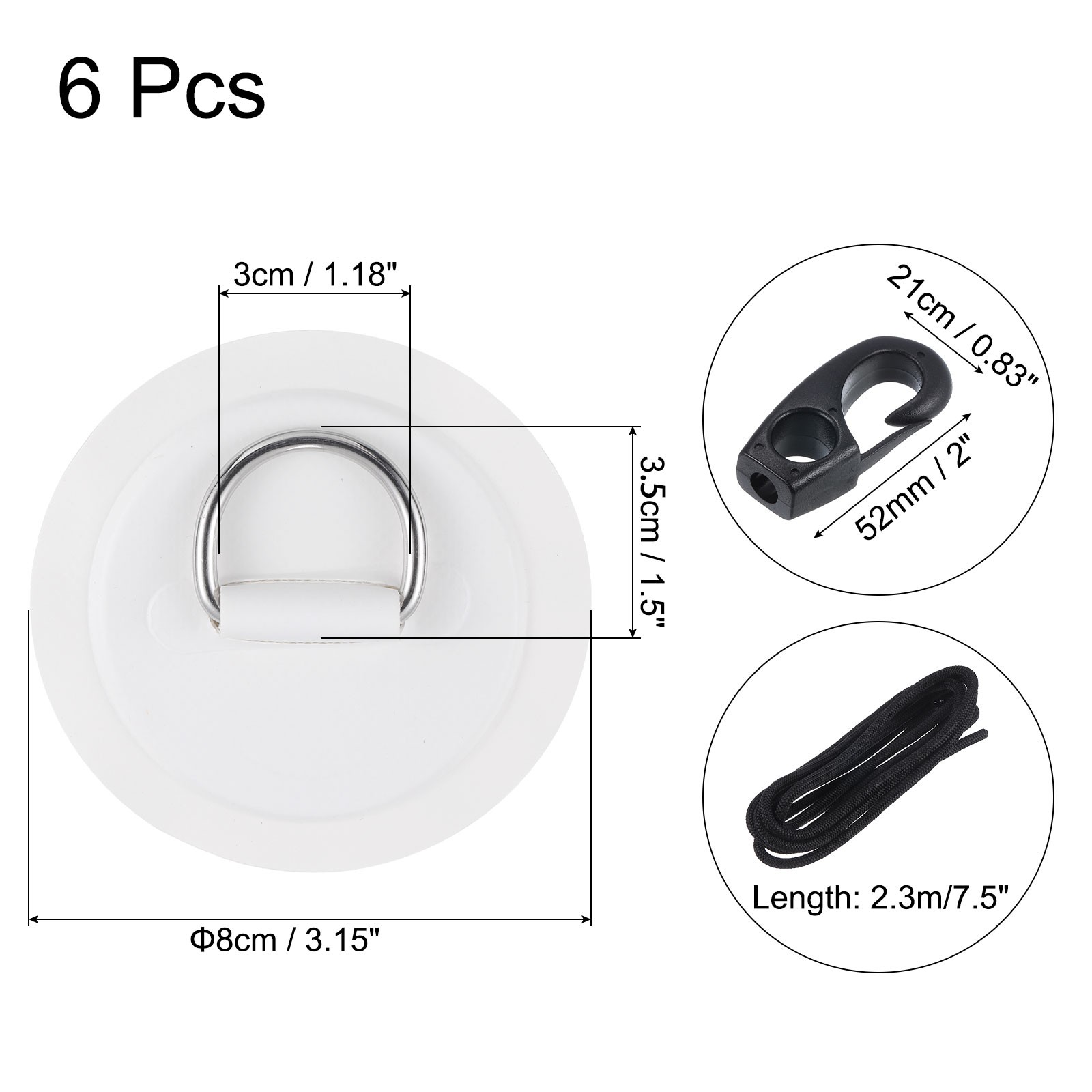 6Pcs Stainless Steel D-Ring Patch Patch with Elastic Cords Hooks White