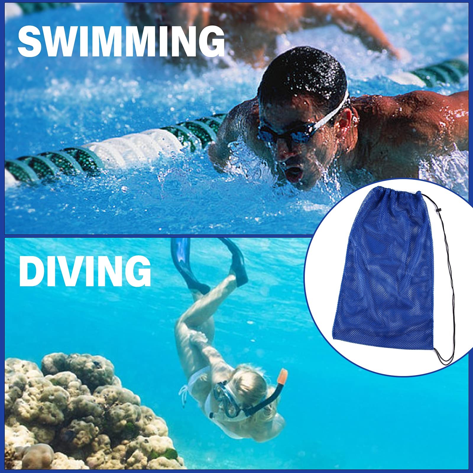 Yizerel 2 Packs Mesh Gear Bag for Snorkel 27inch x 18inch, Black & Blue