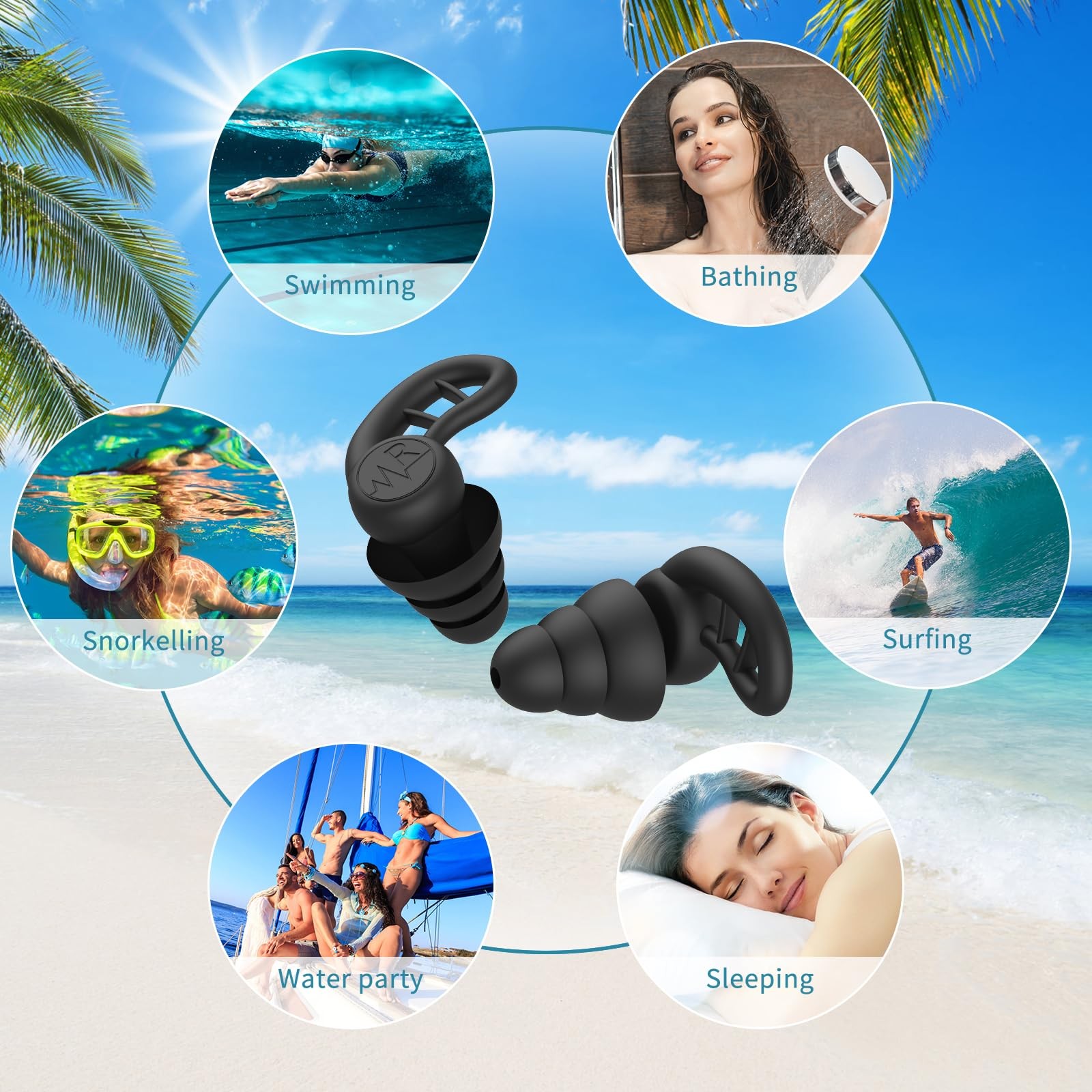 Swimming Ear Plugs for Adults, 4 1 pair (Pack of 4), Black Gray Blue Green