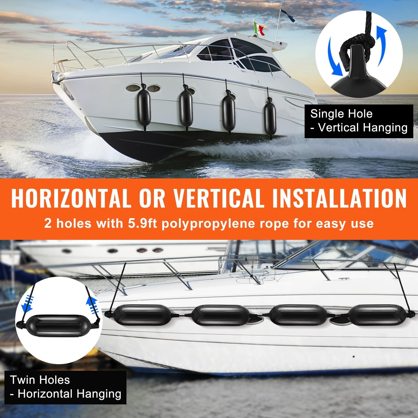 Inflatable Boat Fenders 5.5″ x 20″ – Ribbed Dock Bumpers with Air Pump, Marine S