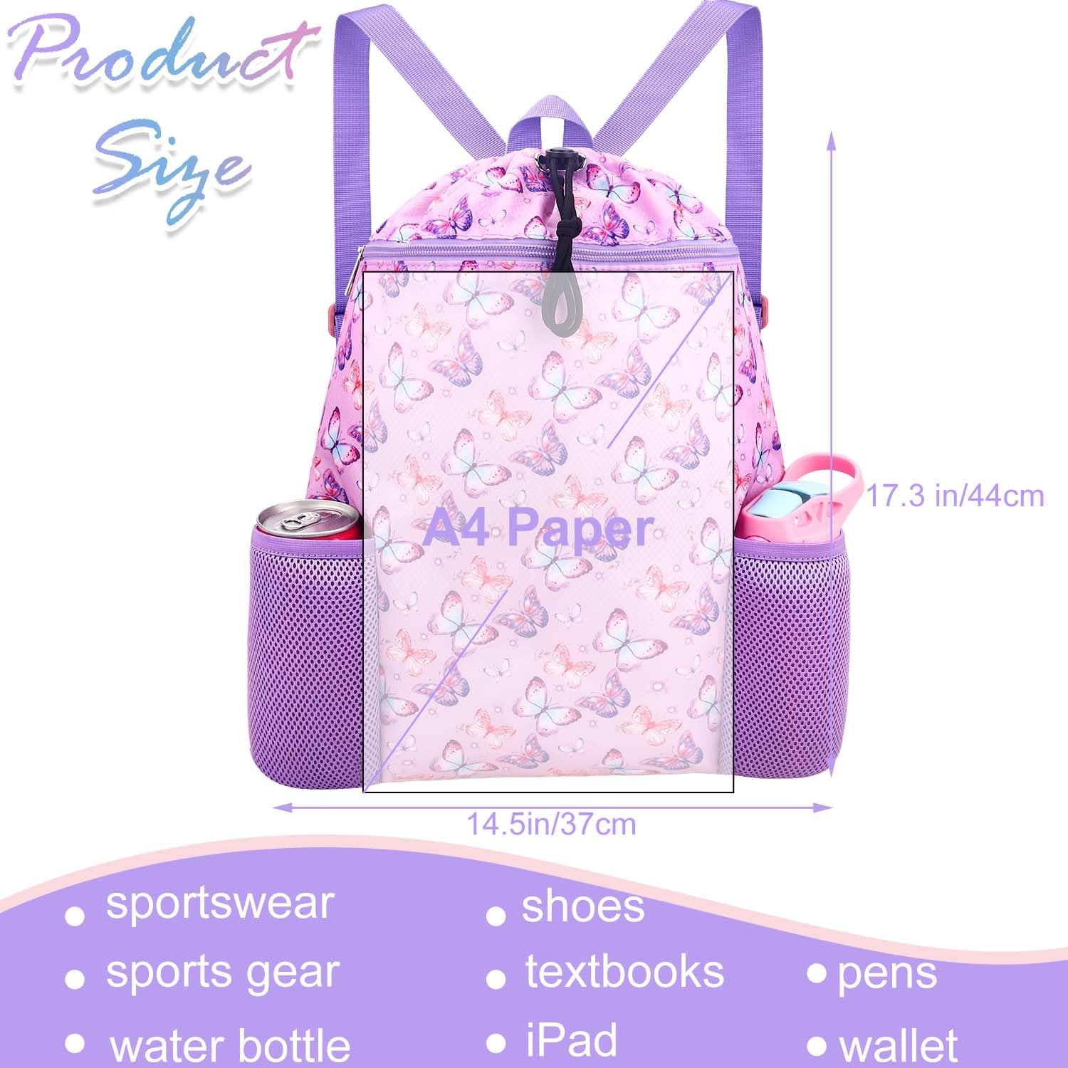 Butterfly Drawstring Backpack for Girls Waterproof Swim Bag with Water Bottle