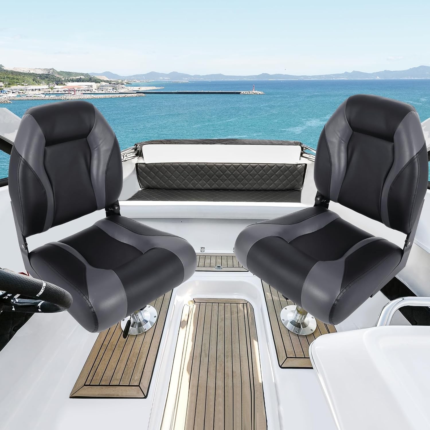2 Pack Waterproof Folding Boat Seats, High-Back Ergonomic Captain Chairs with Th