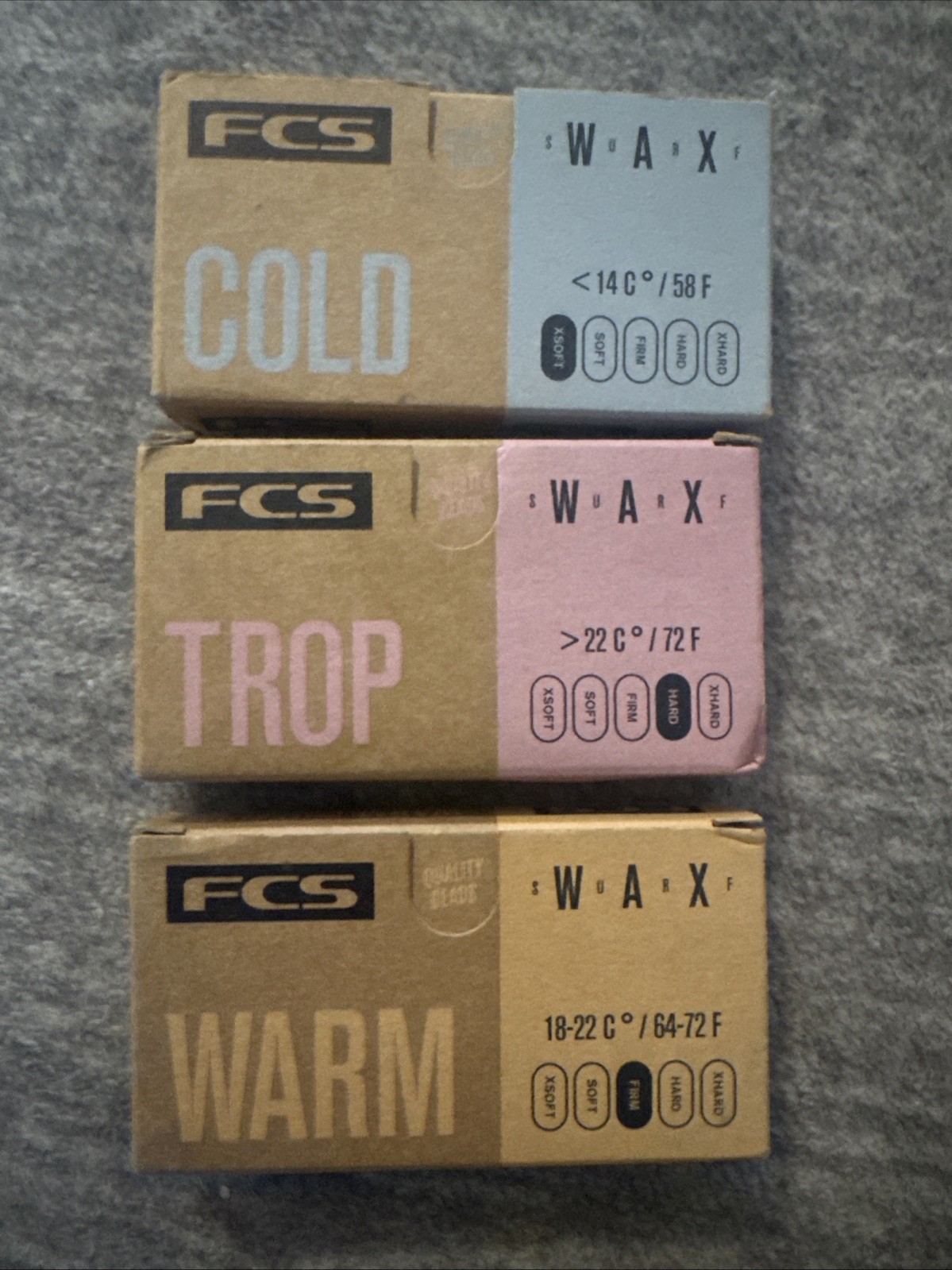3 Piece Set FCS Surf Wax Warm, Trop & Cold 3 Oz each New Boxed