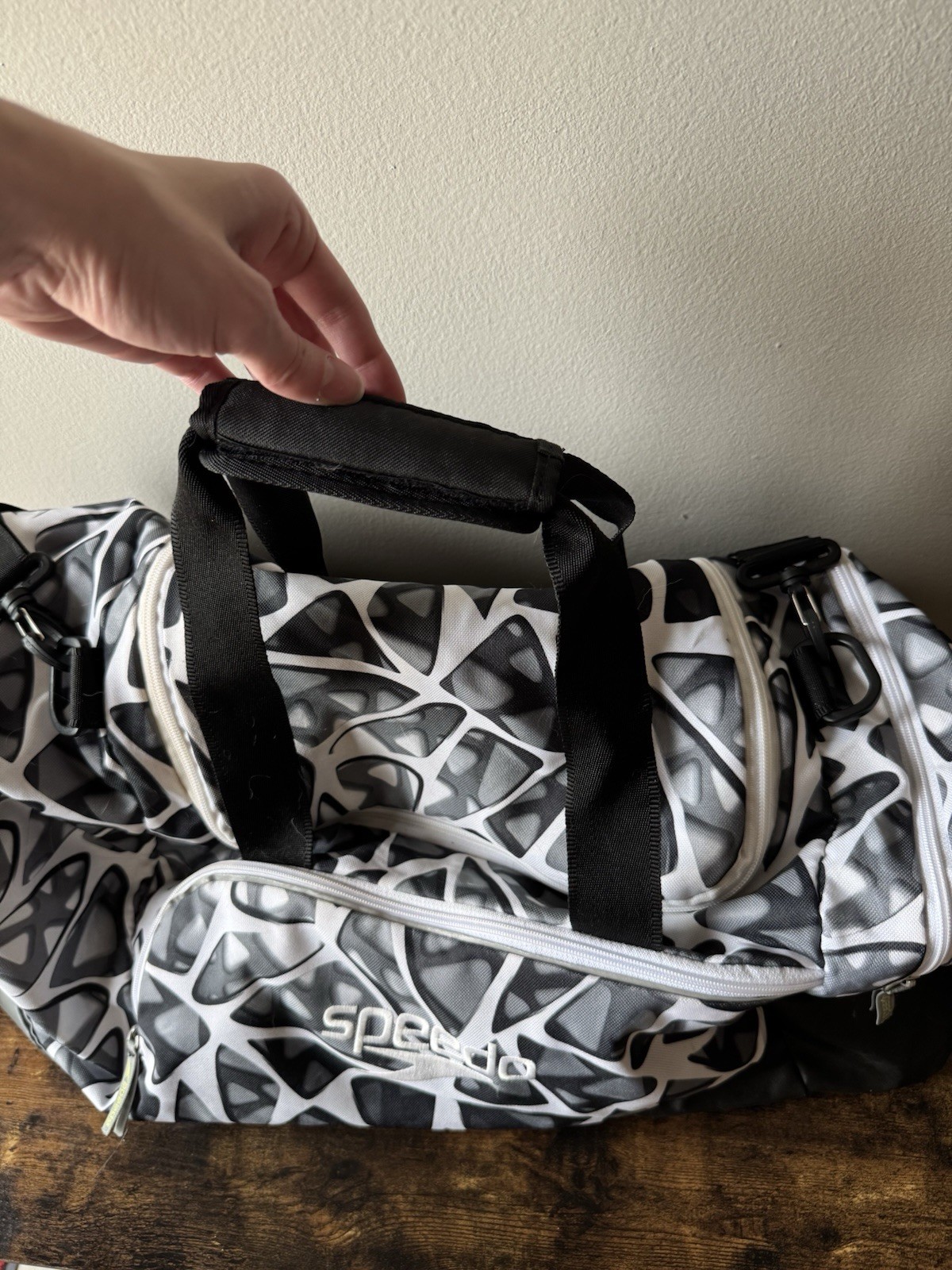 Speedo 30L Swim Duffel Bag • Black/Grey Geometric Print • Water Resistant