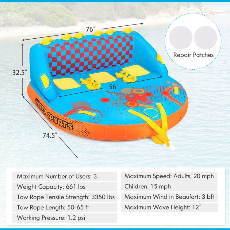 3-person inflatable Rider Towable Tube for Boating With Heavy-Duty Nylon Cover