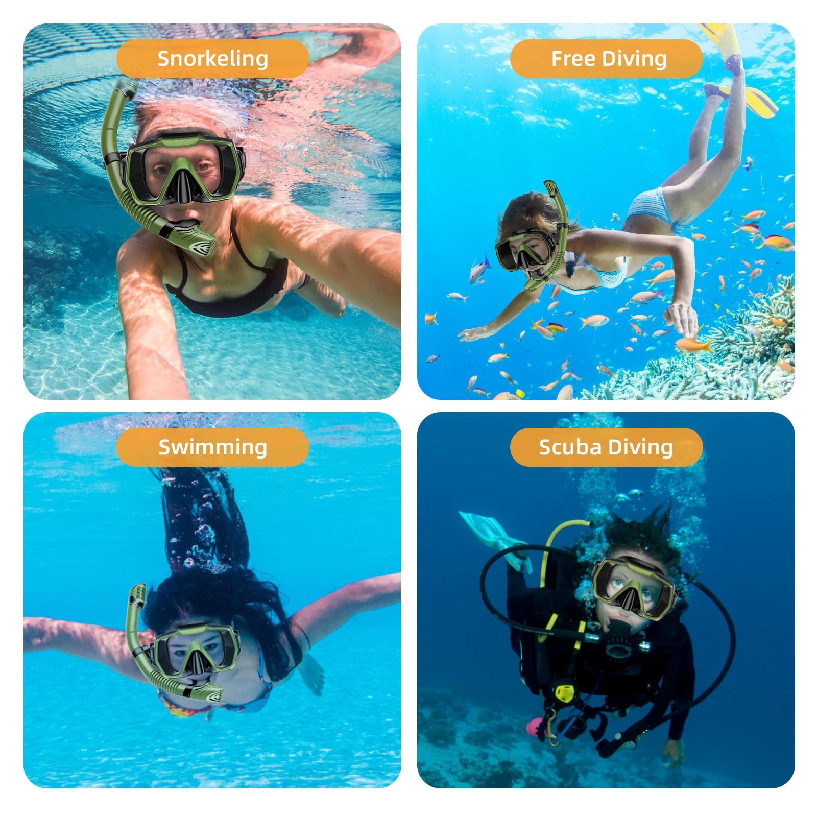 Snorkel Set Adults Snorkeling Gear Anti-Leak and Anti-Fog Army Green+Black