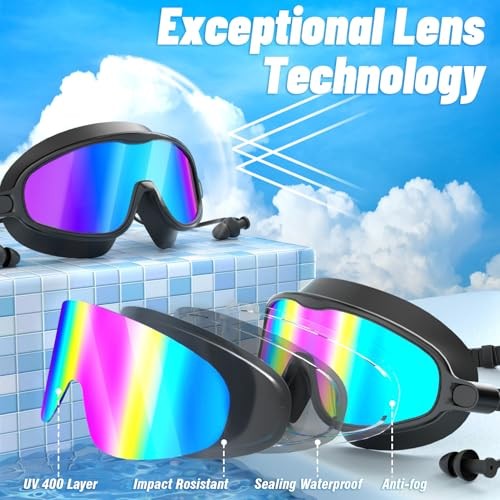 Swim Goggles 2 Pack, Wide View No 3-black/Silver Mirrored & Rainbow Lens