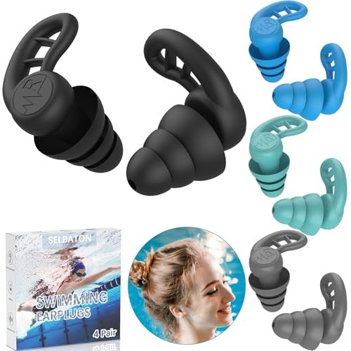 Swimming Ear Plugs for Adults, 4 Pairs 1 pair (Pack of 4) Black Gray Blue Green