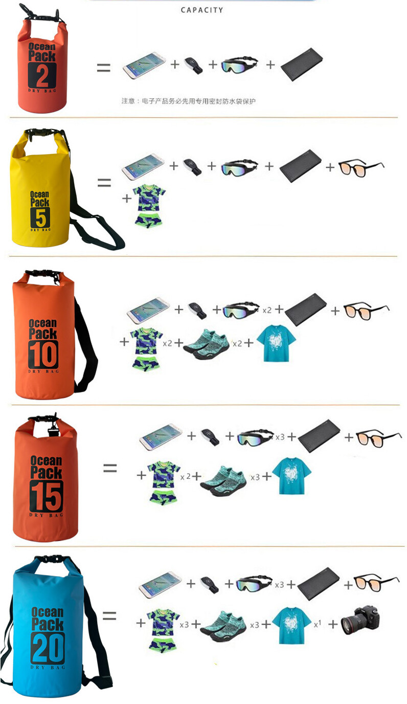Outdoor waterproof dry bag 2L 3L 5L 10L 20L PVC for swimming hiking beach diving
